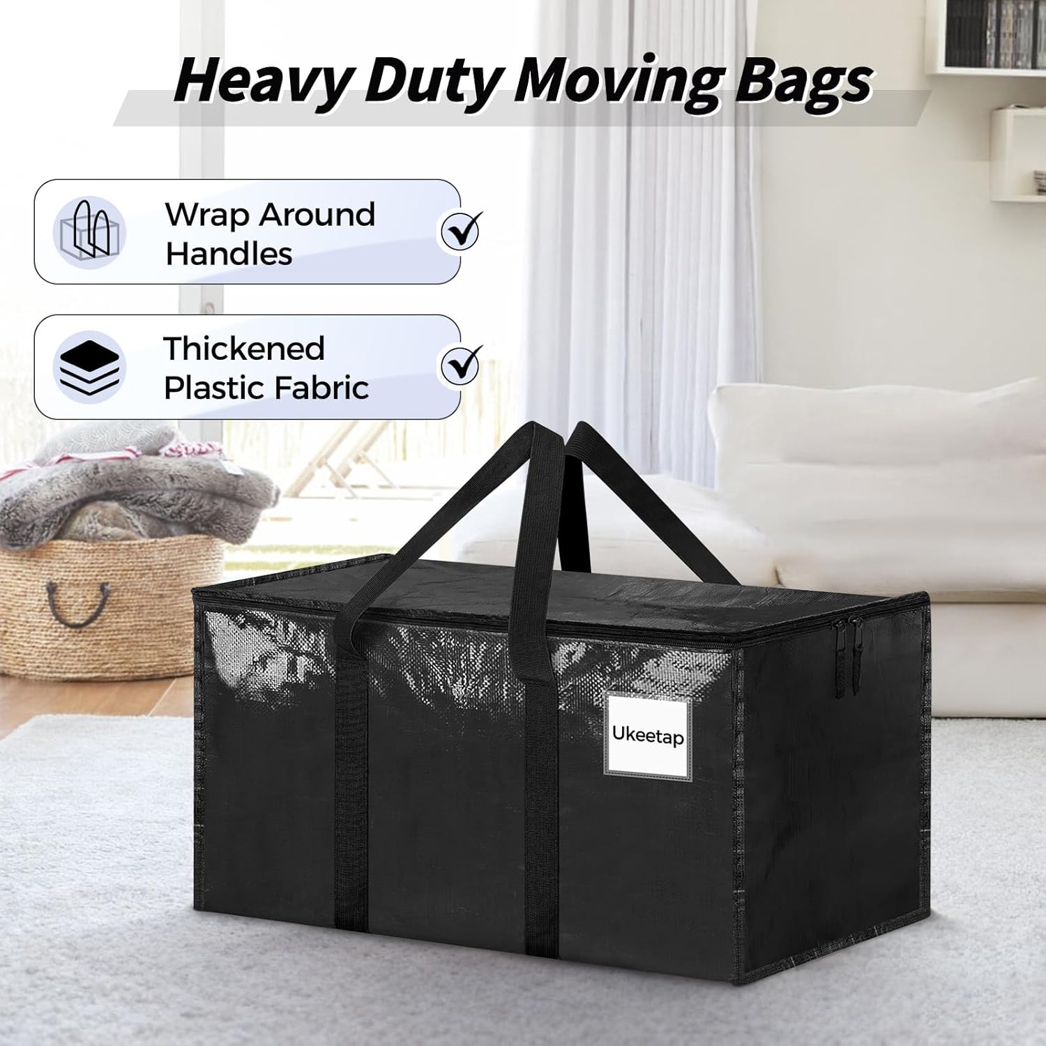 8 Pack Extra Large Heavy Duty Moving Bags, Black Storage Bins with Lids, Reinforced Handles & Heavy-Duty Zippers Moving Boxes Storage Bags Totes for Clothes Packing, Dorms, College Supplies, Black - Image 4