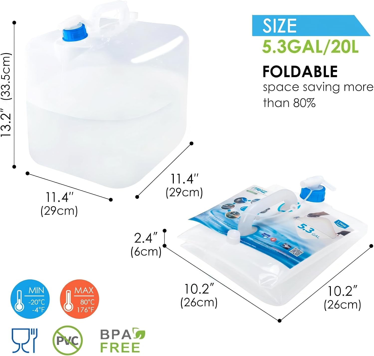 Collapsible Water Container with Spigot, 2×5.3 Gallon BPA Free Camping Water Storage Jug Carrier, for Outdoors Hiking Backpack RV Travel & Emergency, Portable Foldable Survival Water Canteen - Image 3