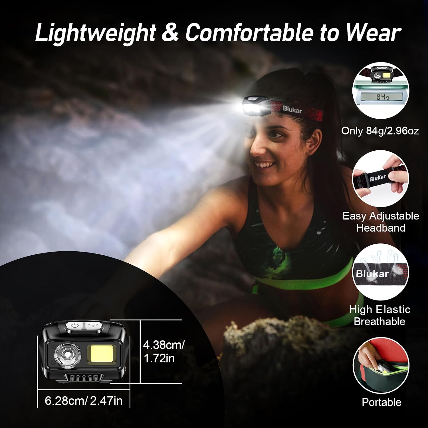 Blukar LED Headlamp Rechargeable,2000L High Lumen Super Bright Dimmable Headlight Flashlight with Motion Sensor- 8 Modes,Spotlight&Floodlight,IPX5 Waterproof for Camping,Hiking,Running,Fishing -2 Pack - Image 8