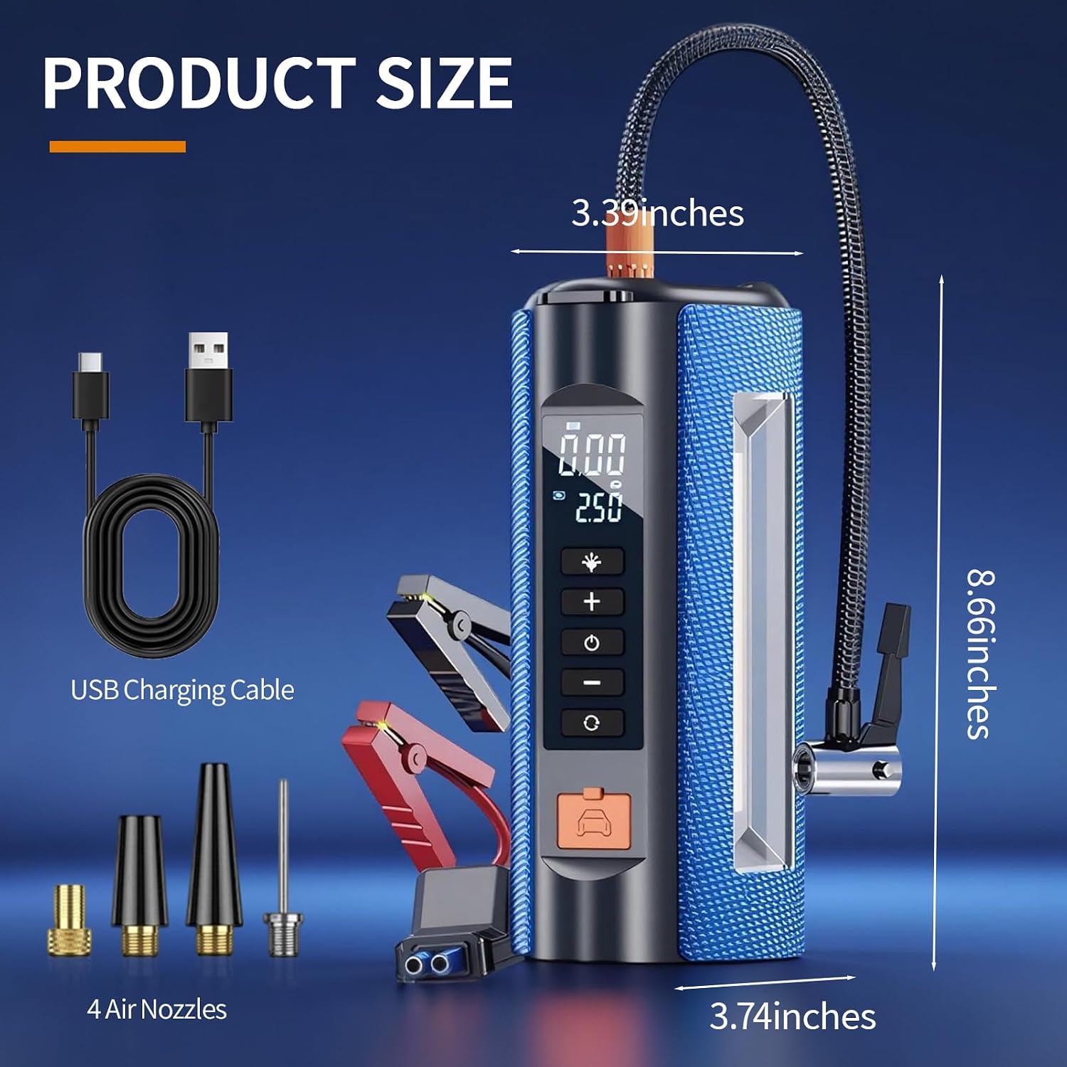 Car Battery Jump Starter with Air Compressor, 2500A Car Jumper Starter Portable150PSI, Battery Jumper Starter Portable Jump Box for Car Battery with 600LM,Jumper Cables, LCD Display - Image 8