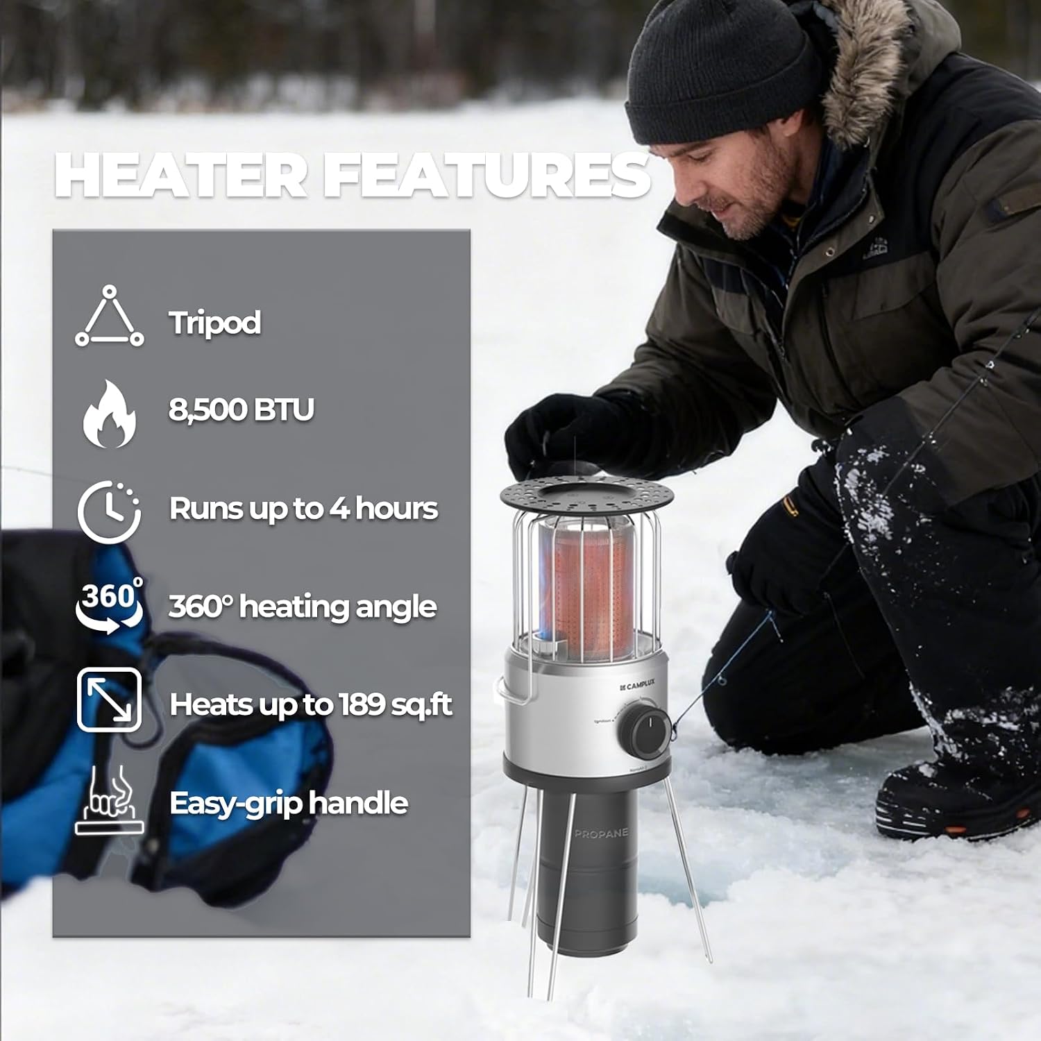 Portable Propane Heater, CAMPLUX 8,500 BTU Outdoor Patio Heater with Safety Tilt Switch and Adjustable Heat, 4.2Lb Light Weight with Storage Bag, Ideal for Camping Tents, Garages, Patio, Fishing Spots - Image 4