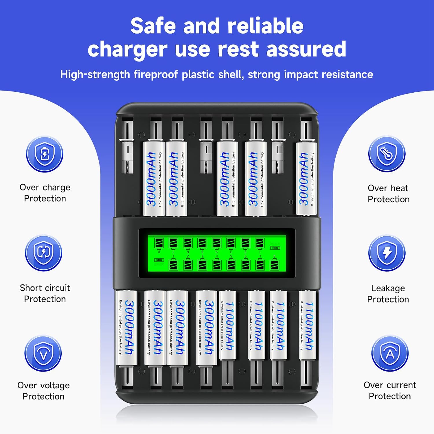 AA AAA Battery Charger 16 Bay for 1.2V AA AAA C D Ni-MH Ni-CD Rechargeable Batteries,LCD Screen Universal Rechargeable Charger for All Common Rechargeable Batteries in House (AC Wall Adapter Supply) - Image 6
