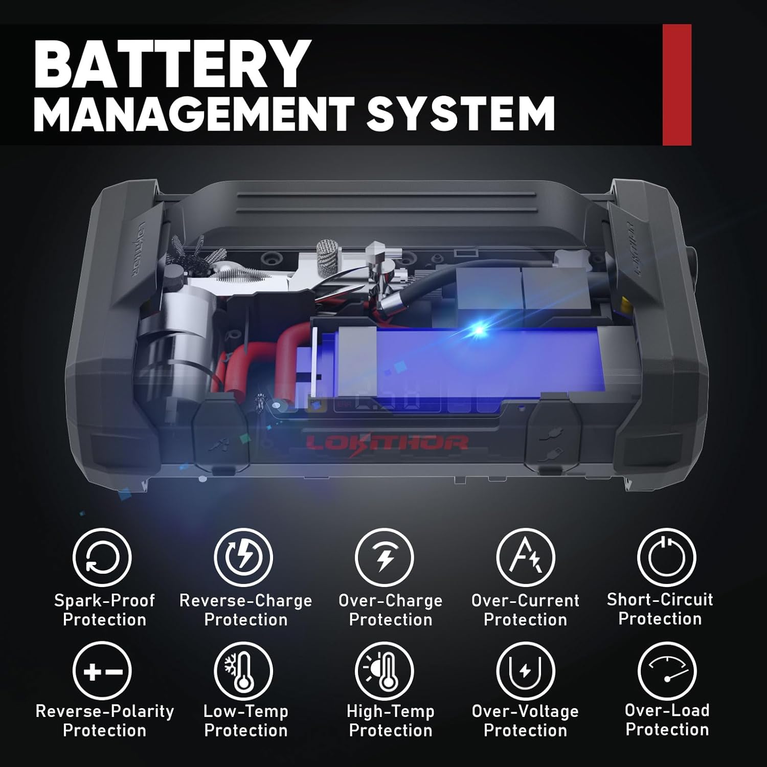 LOKITHOR JA300 Jump Starter with Air Compressor, 1500Amp 12V Portable Car Battery Booster Pack for Upto 7.0L Gas or 4.5L Diesel, 150 PSI Tire Inflator with Digital Screen, 24 Months Ultra-Long Standby - Image 6