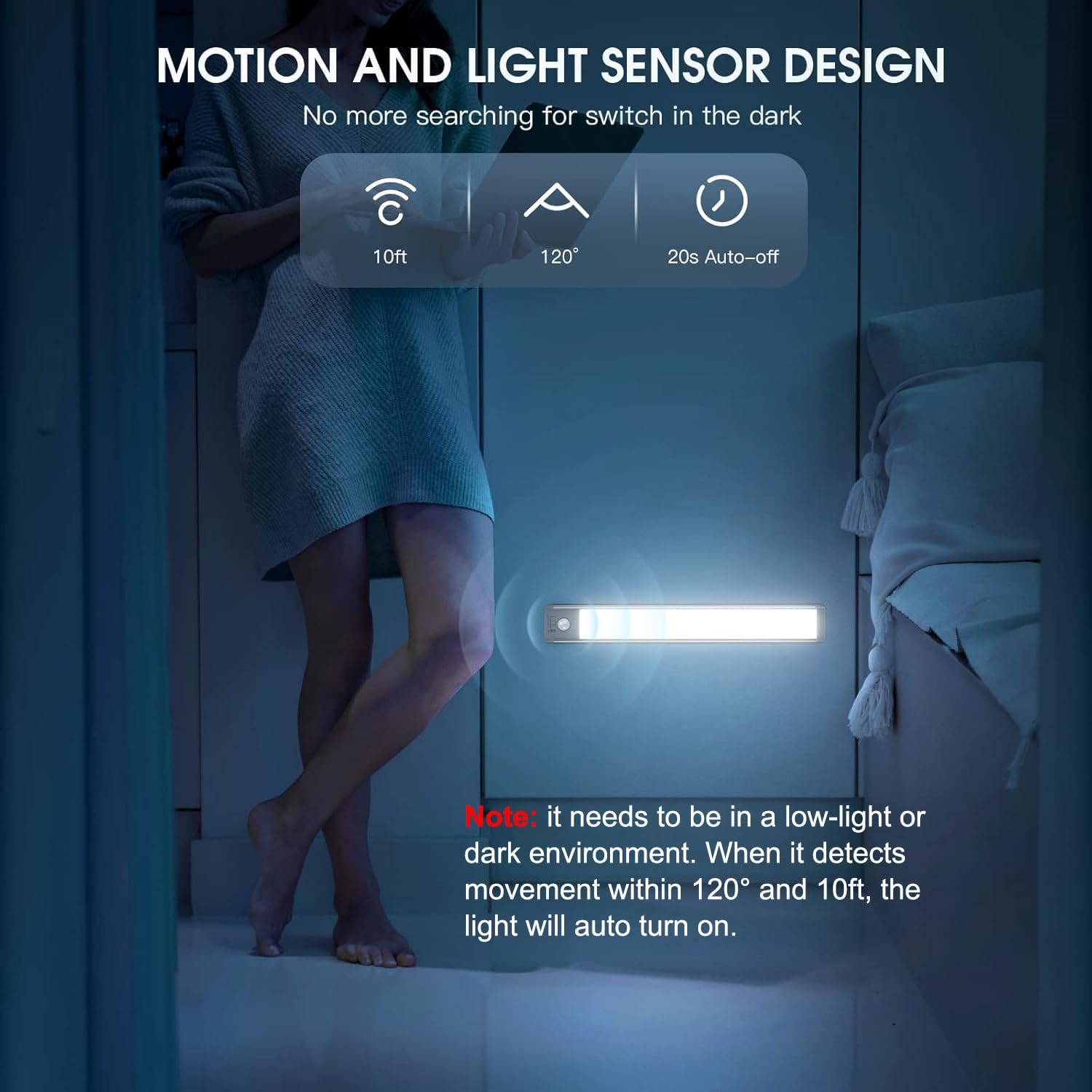 MCGOR 10inch Under Cabinet Lighting, 2 Pack Rechargeable Motion Sensor Light Indoor, 5 Levels Dimmable Magnetic Closet Lights, Wireless Under Counter Lights for Kitchen, Stairs - Image 4