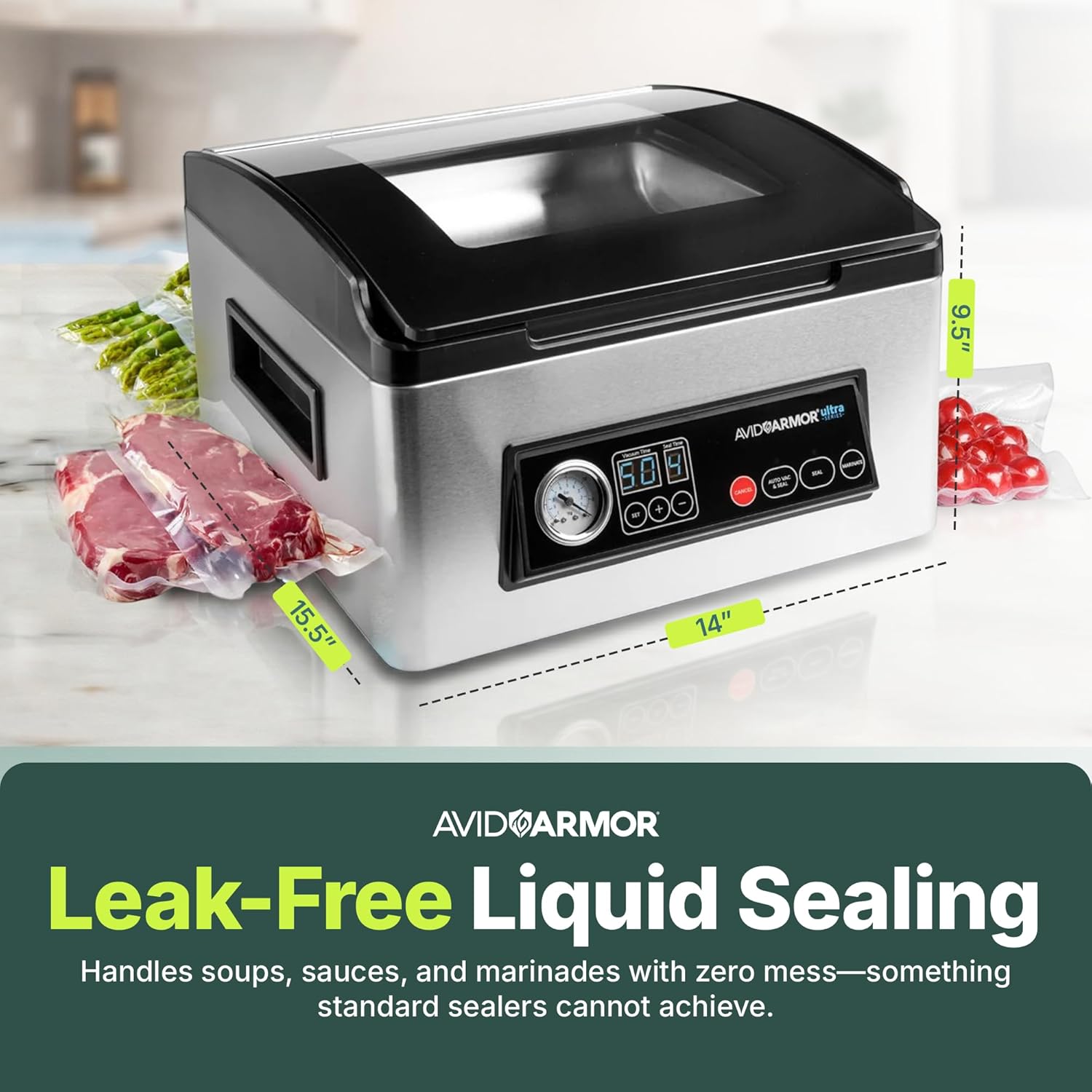 Avid Armor USV32 Chamber Vacuum Sealer Machine – 11.5" Sealing Bar, Glass Lid, Seal Meats, Soups, Sauces & Liquids, Marinate in Minutes, Sous Vide Ready, Accessory Hose Included, Stainless Steel - Image 4
