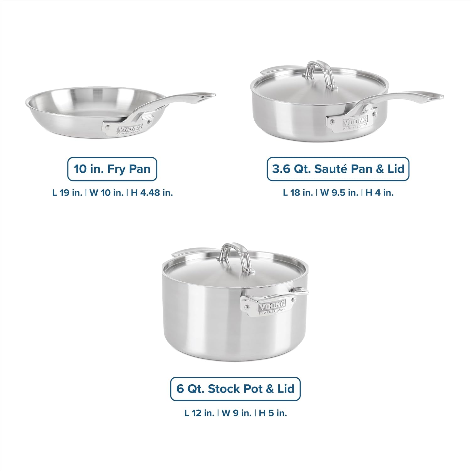 Viking 5-Ply Cookware Set, 5 Piece Stainless Steel Kitchen Pots and Pans, Oven Safe, Induction Ready, Silver - Image 4