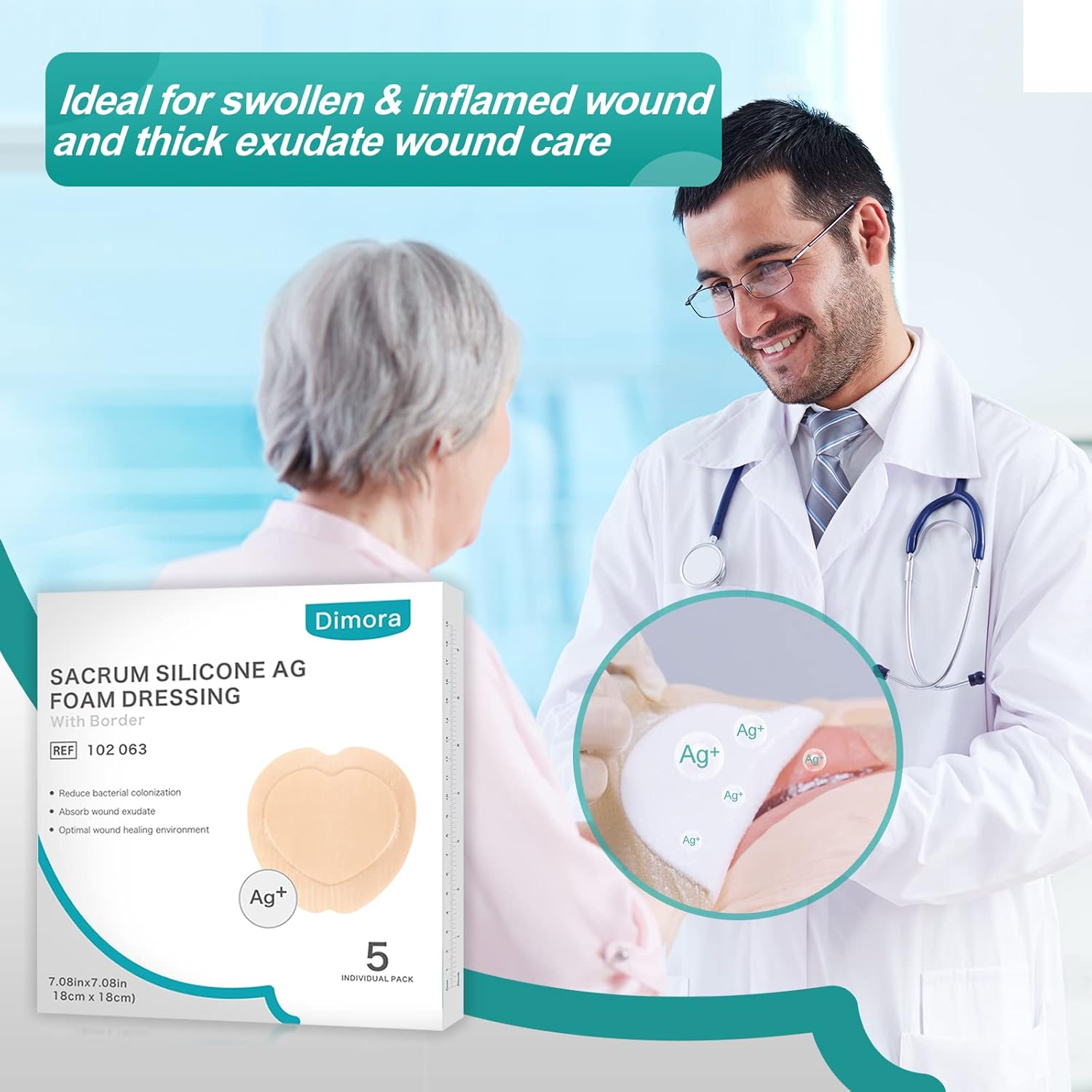 Dimora Ag Silver Sacrum Foam Wound Dressing Bandages Silicone Adhesive Border 7"x7" Waterproof Sacral Pads Absorbent Breathable Bed Sore Pressure Dressing - Image 7