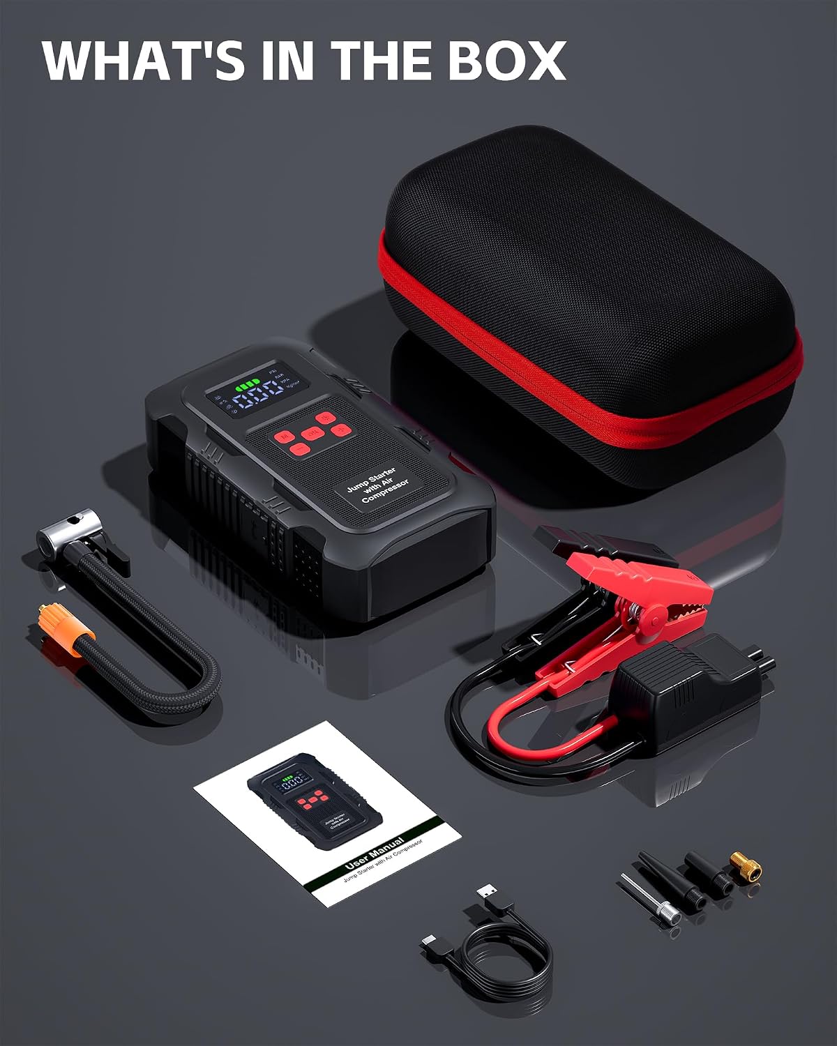 5000A Jump Starter with Air Compressor, Portable Car Battery Jump Starter with 150 PSI Tire Inflator for Up to 10.0L Gas and 8.0L Diesel Engines, 12V Jump Box Battery Charger Booster(Red) - Image 8