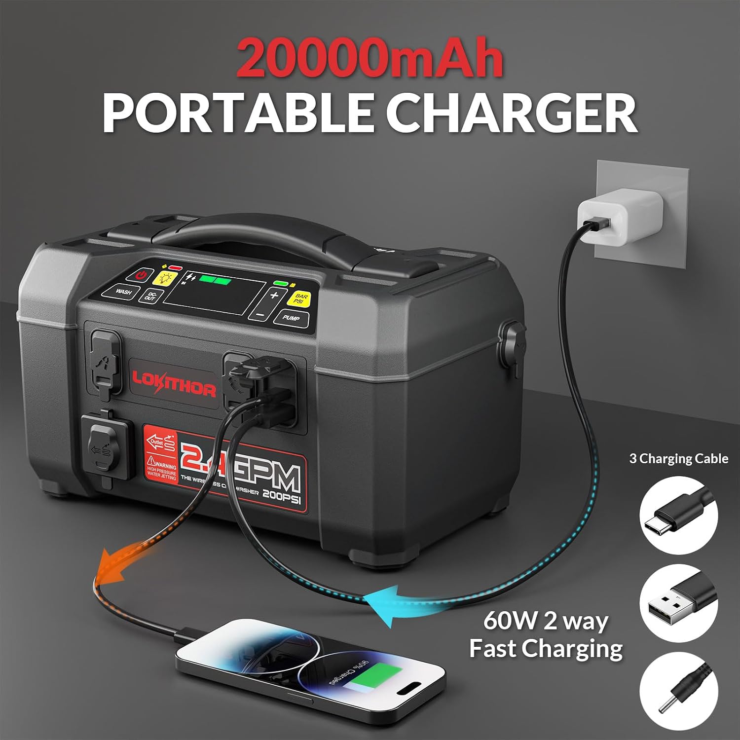 LOKITHOR AW401 5-in-1 Multi-Function Emergency Tool, 2500A Jump Starter + Cordless Air Compressor + Multi-use Pressure Washer + LED Light + Portable Power Bank, for Car Recovery, Camping & Travel - Image 5