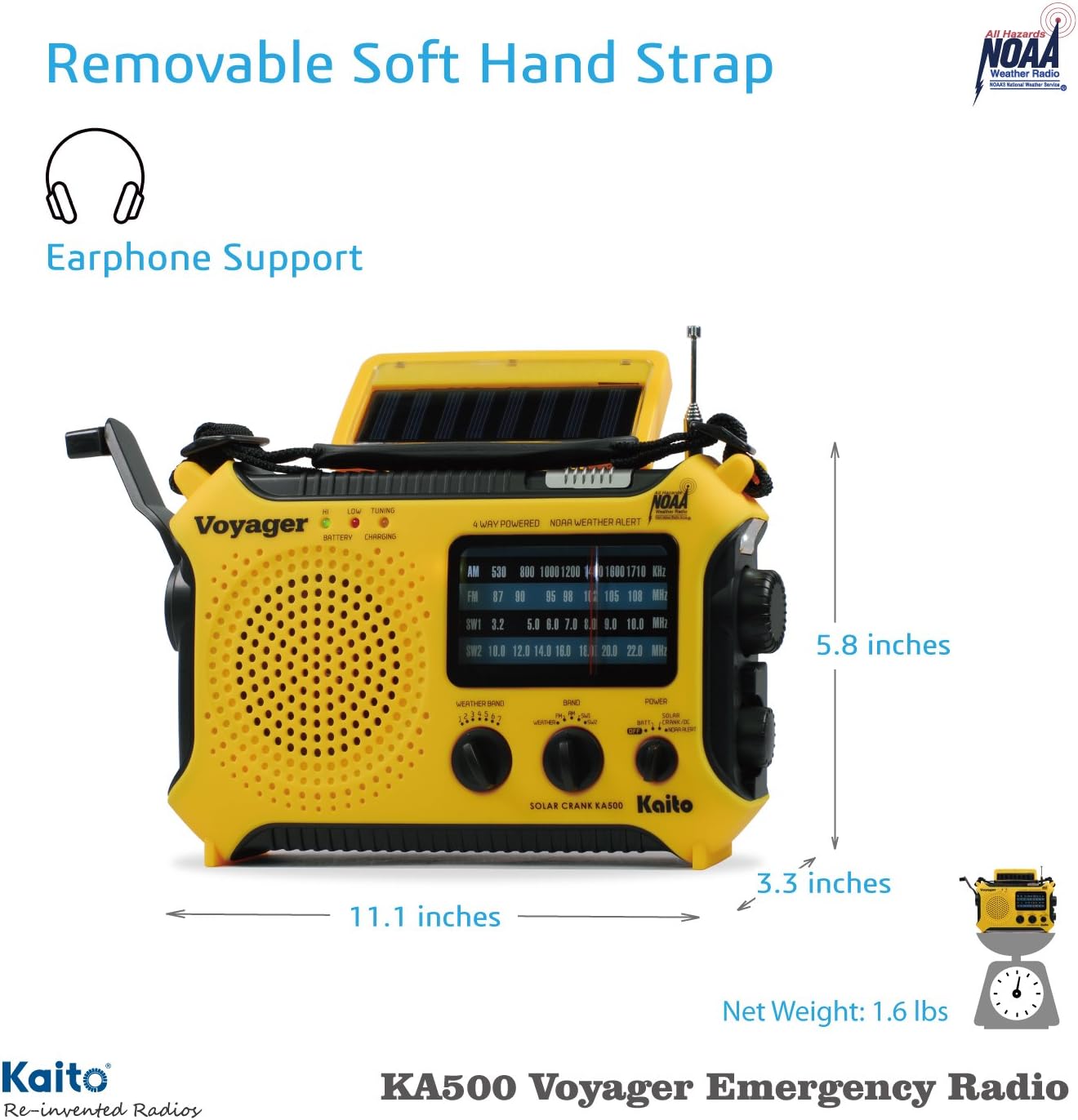 Kaito KA500 5-way Powered Solar Power,Dynamo Crank, Wind Up Emergency AM/FM/SW/NOAA Weather Alert Radio with Flashlight,Reading Lamp and Cellphone Charger, Yellow - Image 9