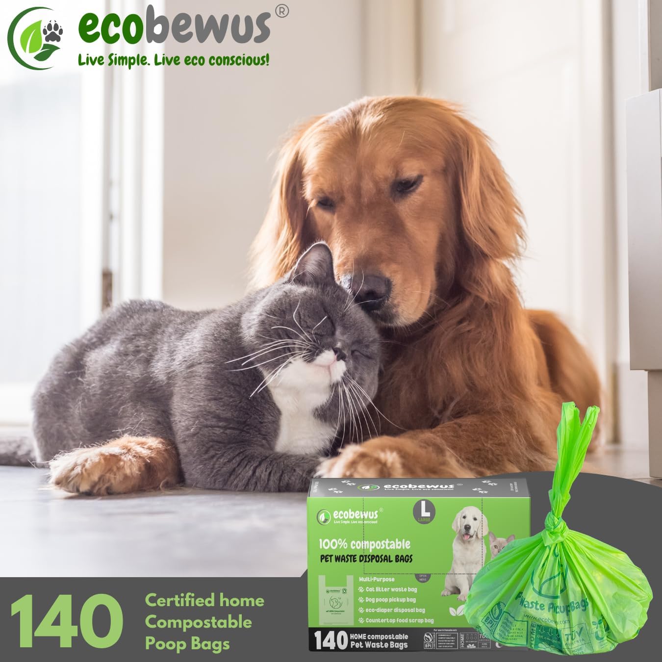 100% Compostable Pet Waste Disposal Bag (140 ct.) Plant-Based Cat Litter Poop Waste Pick-Up Bags with Handles Dog poop Bags Disposable Compost Food Scrap Liners (140 ct.) - Image 9