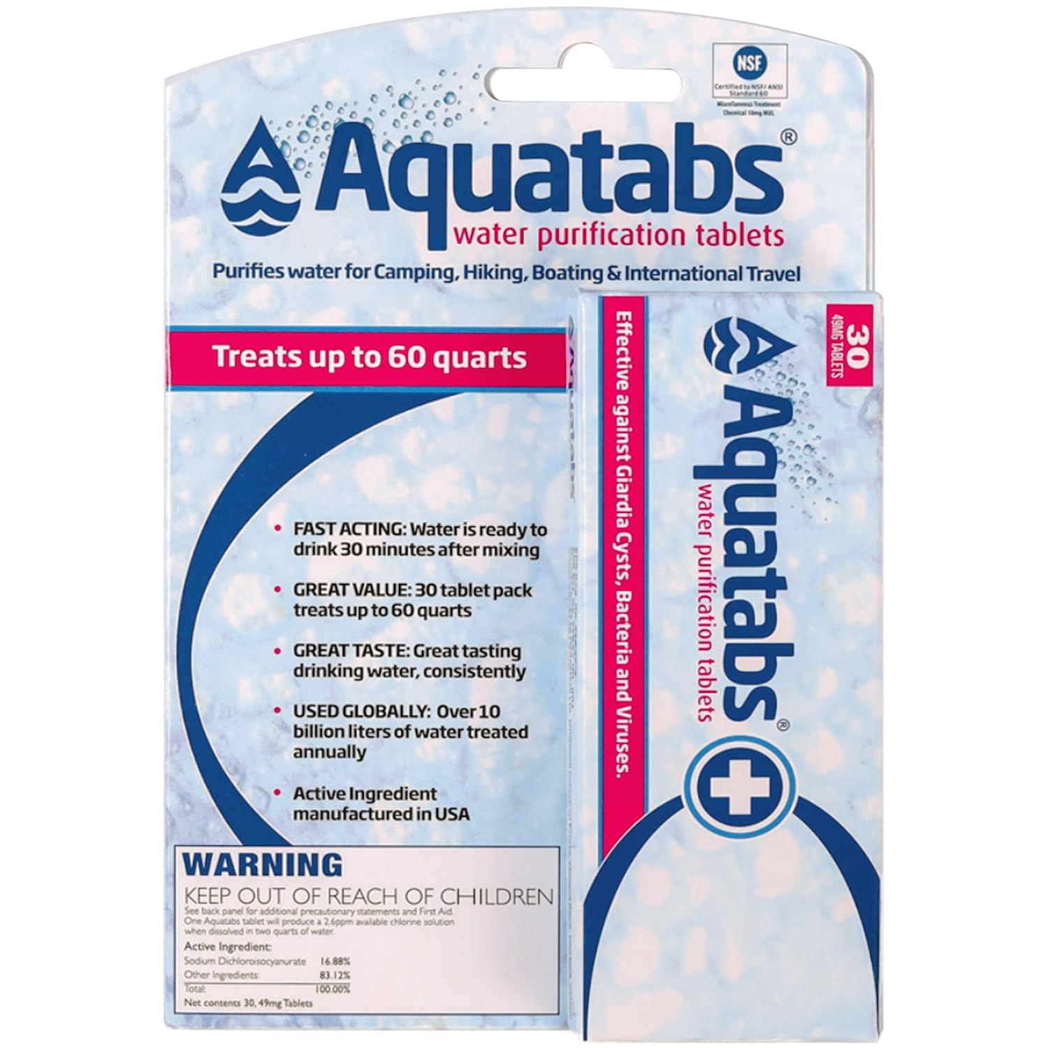Aquatabs 49mg Water Purification Tablets (30 Pack). Portable Water Purifier for Camping Essentials, Lightweight Camping Gear or Survival Kit, EPA Registered & NSF/ANSI 60 Certified, Fast-Acting