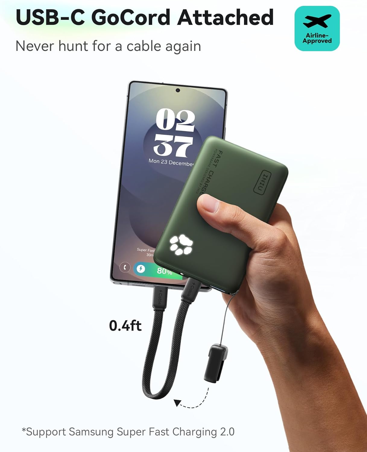 INIU 45W Fast Charging Portable Charger, 40% Smaller 10000mAh with Detachable Cable, Flight-Safe Travel Power Bank, USB C External Phone Battery Pack for Camping, ShortTrip, Travelers, Hikers, Green - Image 4