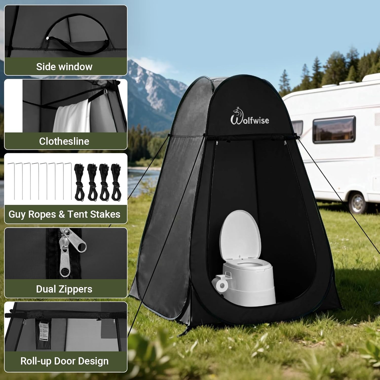 Wolfwise Pop Up Shower Tent for Camping Essentials, Portable Instant Changing Tent with Ventilation Window & Carry Bag, Privacy Dressing Room Bathroom Toilet for Beach & Outdoor, Standard, Black - Image 3