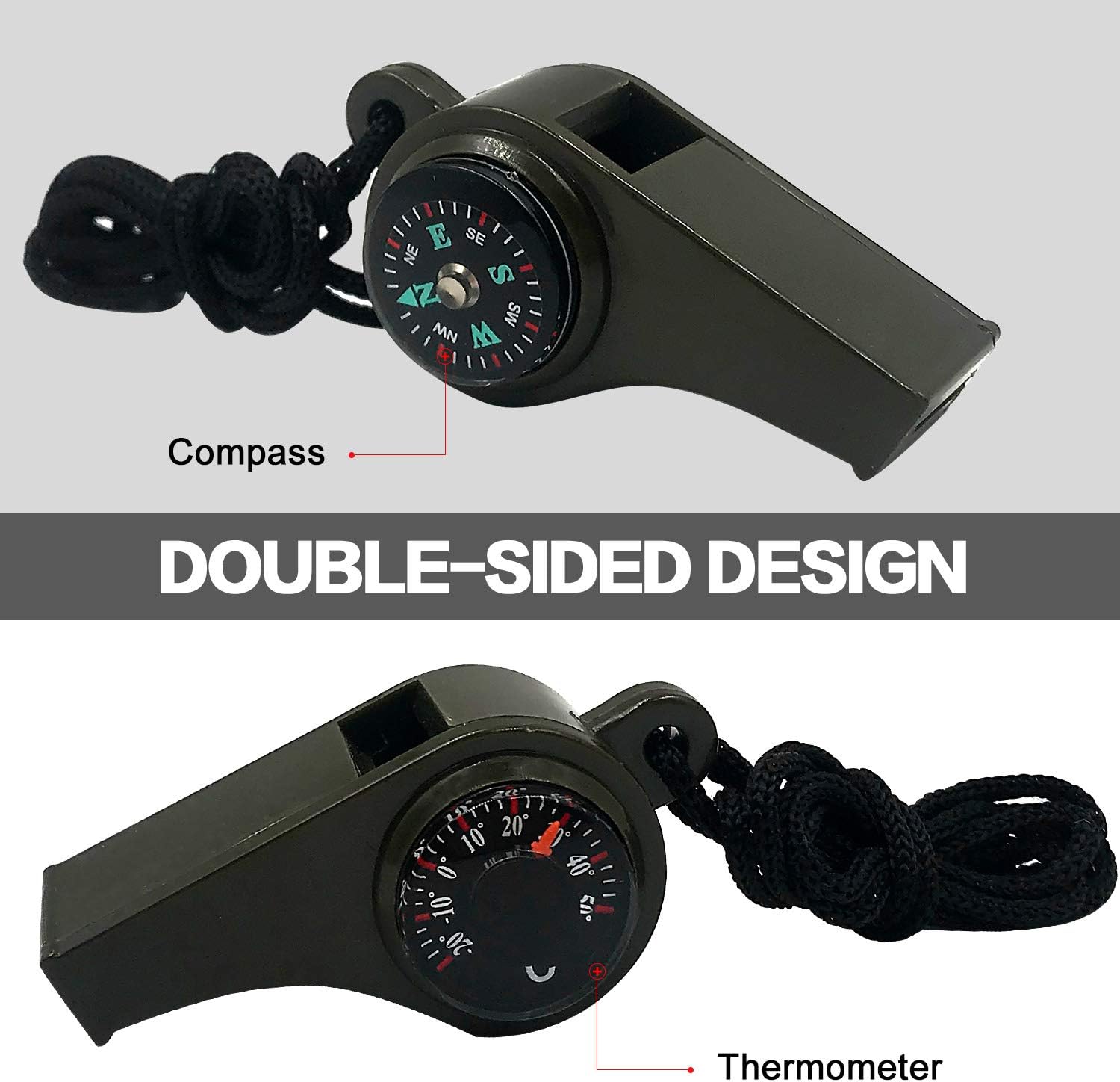 2 Pack Emergency Survival Whistle, 3-in-1 Emergency Whistles with Compass and Thermometer, Loud Safety Whistle with Lanyard for Outdoor Hiking - Image 3