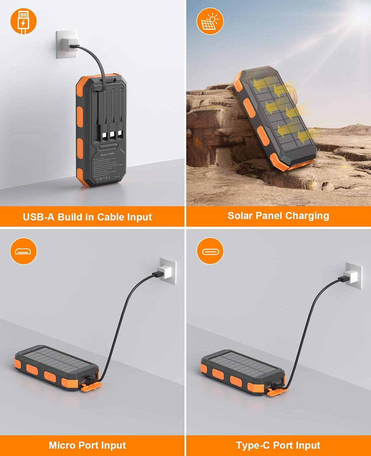 Solar Charger Power Bank 38800mAh, 22.5W USB-C Fast Charging Portable Charger with 4 Built-in Cables, External Battery Pack with Dual LED Emergency Flashlights for Camping, Hiking, Outdoor Use - Image 8