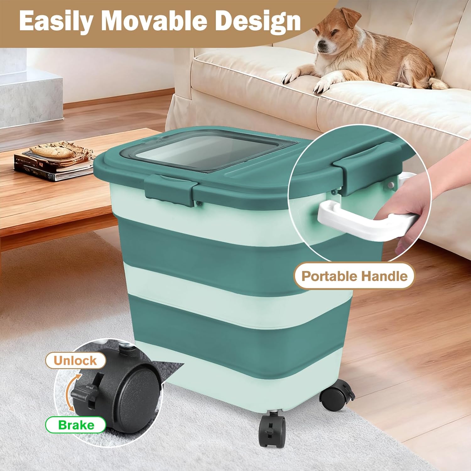 Komzon Rice Storage Container, Collapsible Airtight 10-40 Lb Rice Storage Container, 25lb Pet Dog Food Storage Container, Rice Dispenser Bin with Cup and Scoop for Flour Cereal Pasta Grain, Cat Bird - Image 5