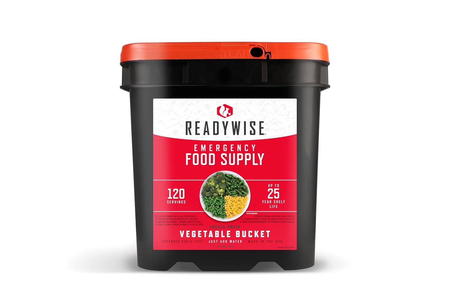 ReadyWise Emergency Food Supply - 120 Servings Freeze Dried Vegetables Bucket, Dehydrated Meals, Survival Food Kit for Backpacking, Camping Essentials & Prepping Supplies, up to 25 Year Shelf Life