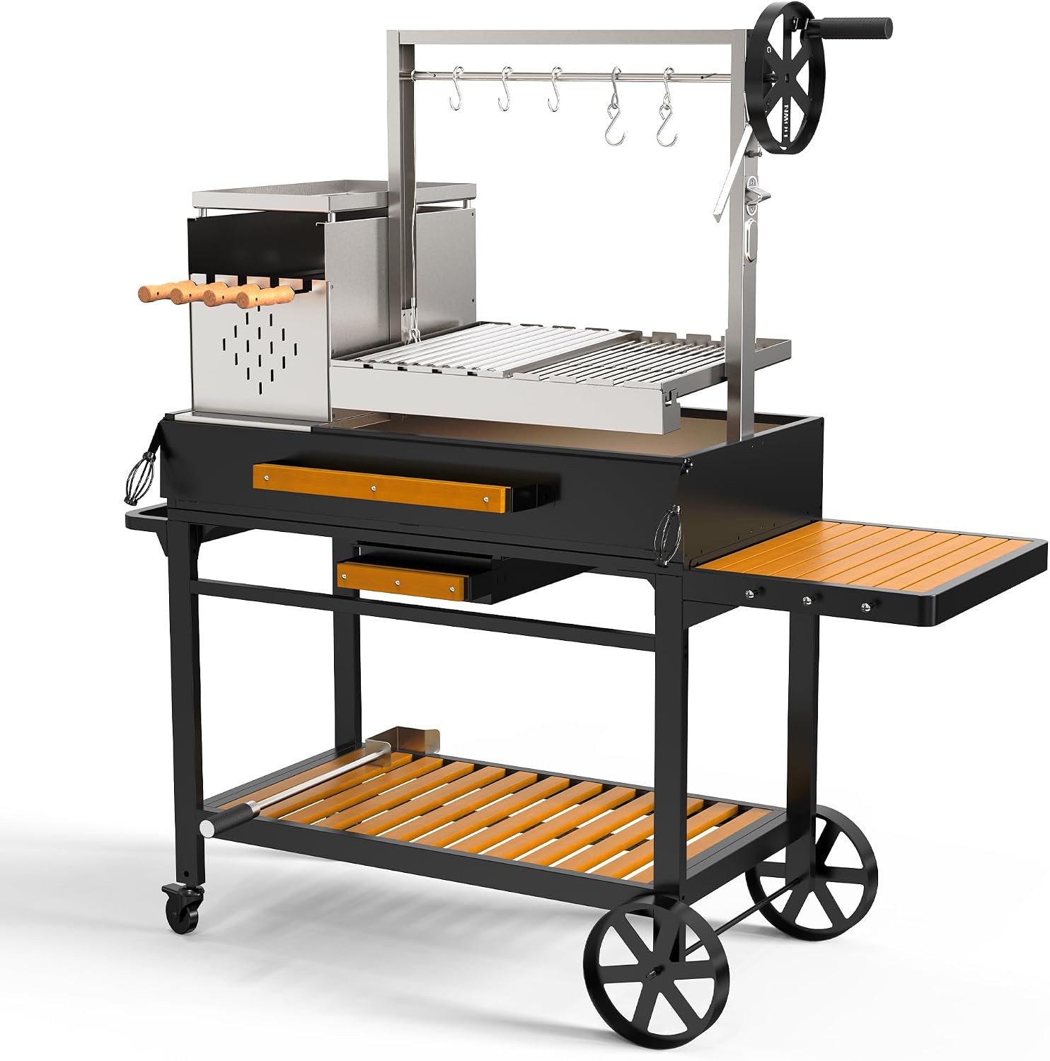 Brand-Man Santa Maria Grill Argentine with Brasero, Wood & Charcoal Parrilla Grilling Station BBQ, Height Adjustable V-Grate & Griddle, Authentic Asado Grill Cooking with Fire Brick, Skewers & S-Hooks