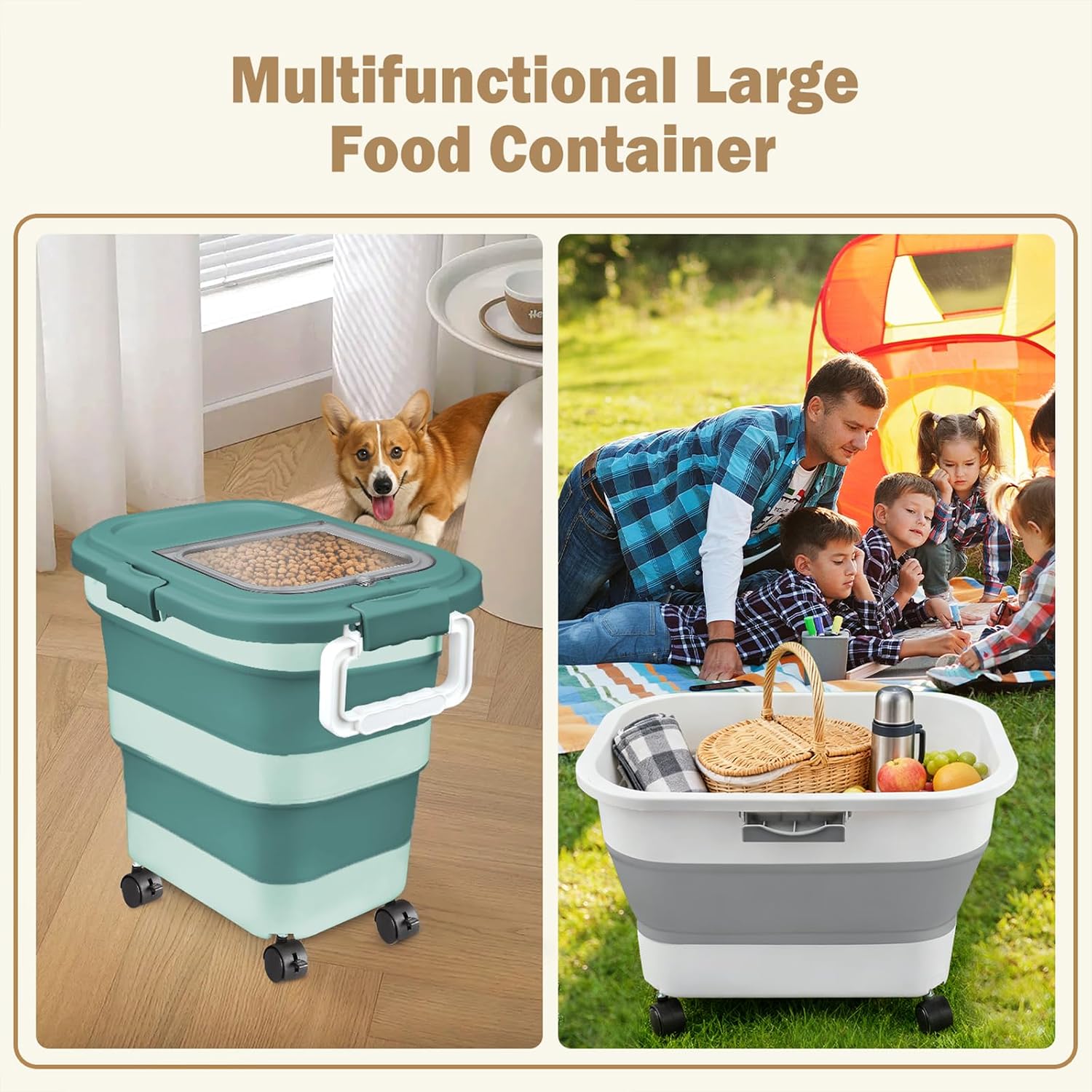 Komzon Rice Storage Container, Collapsible Airtight 10-40 Lb Rice Storage Container, 25lb Pet Dog Food Storage Container, Rice Dispenser Bin with Cup and Scoop for Flour Cereal Pasta Grain, Cat Bird - Image 4
