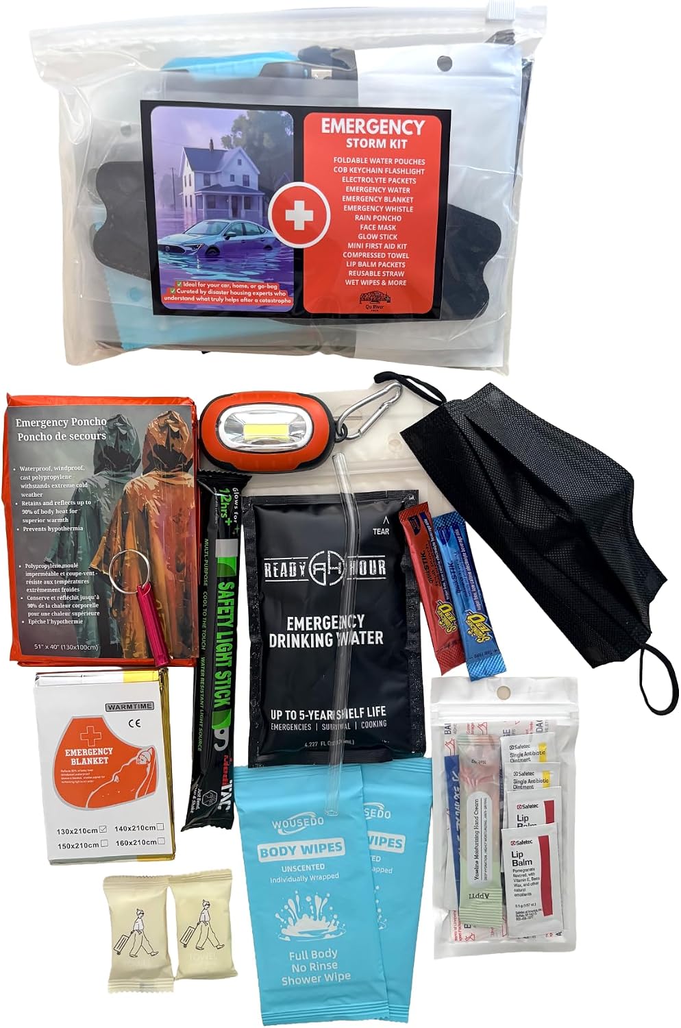 Emergency Survival Kit for Hurricane, Storm, Tornado, El Niño Preparedness | Insulated Poncho, Flashlight, Emergency Blanket, Water Supplies, Personal Disaster Gear