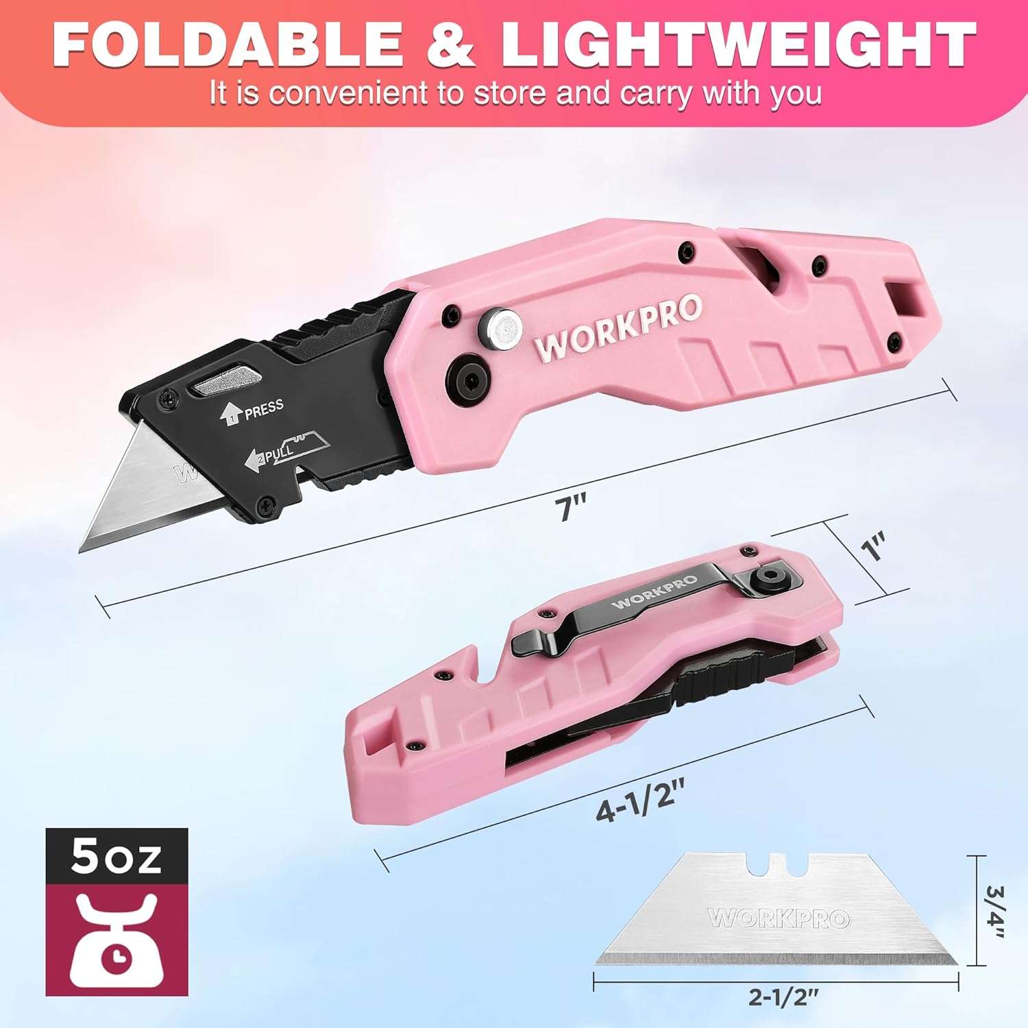 WORKPRO Folding Utility Knife, Quick Change Box Cutter, Pink Razor Knife for Cartons, Cardboard, Boxes, 10 Extra Blades Included - Pink Ribbon - Image 8