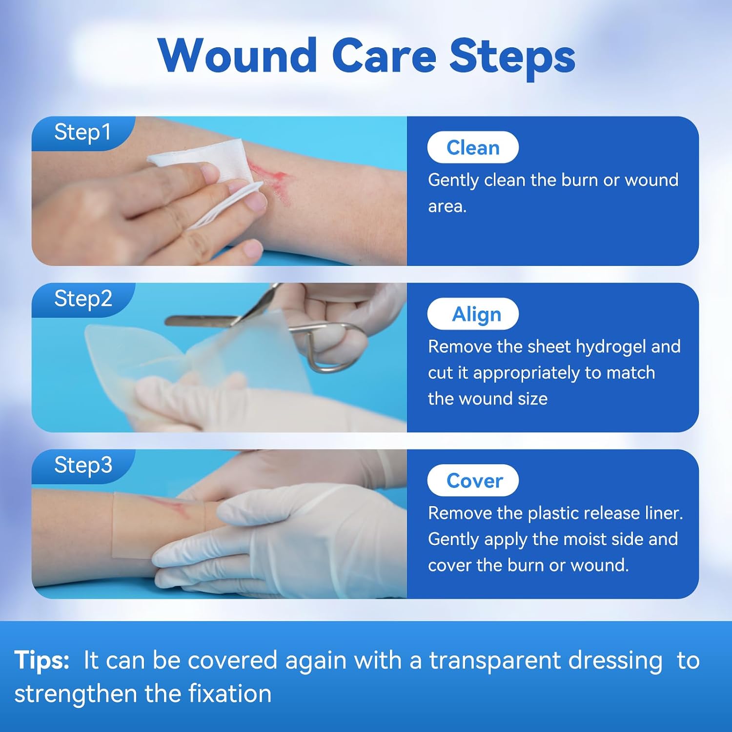 Dimora Hydrogel Burn and Wound Dressing 4" x 4" - Hydrogel Nipple Pads Instant Cooling Relief for Minor Burns & Wounds, Soothing Moist Burn Pads for 1st-2nd Degree Burns, Cuts, Abrasions, (10 Count) - Image 7
