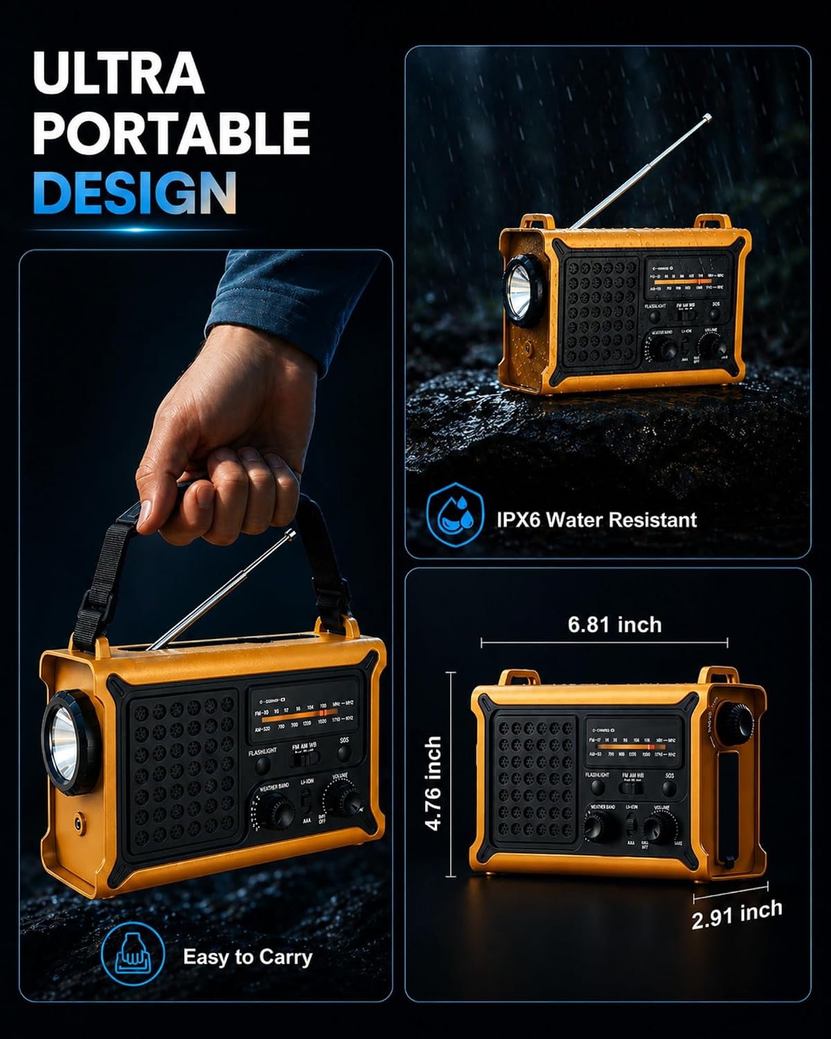Emergency Weather Radio – Hand Crank Solar, 12000mAh Power Bank, 8500mm² Solar Panel, NOAA AM/FM Alert, Ultra-Clear Sound with 57MM Speaker, 5W Flashlight, SOS for Camping, Hurricanes & Power Outages - Image 9