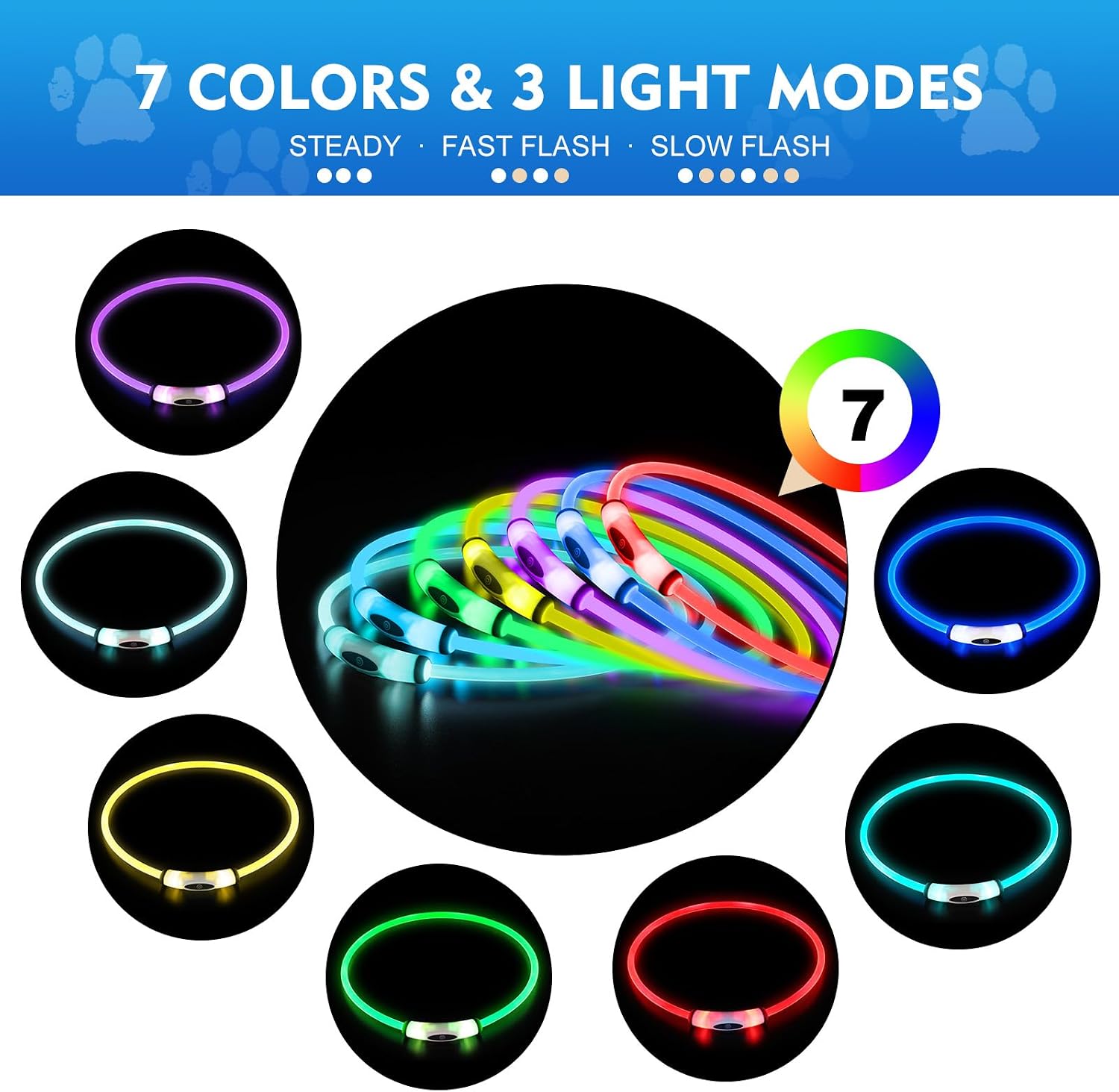 NOVKIN Lighted Dog Collar, Rechargeable 7 Colors Changing Light Up Dog Collar, IP67 Waterproof LED Collar Glow in the Dark, Make Pet Visible and Safety for Night Walking,Outdoor, for All Dogs - Image 2