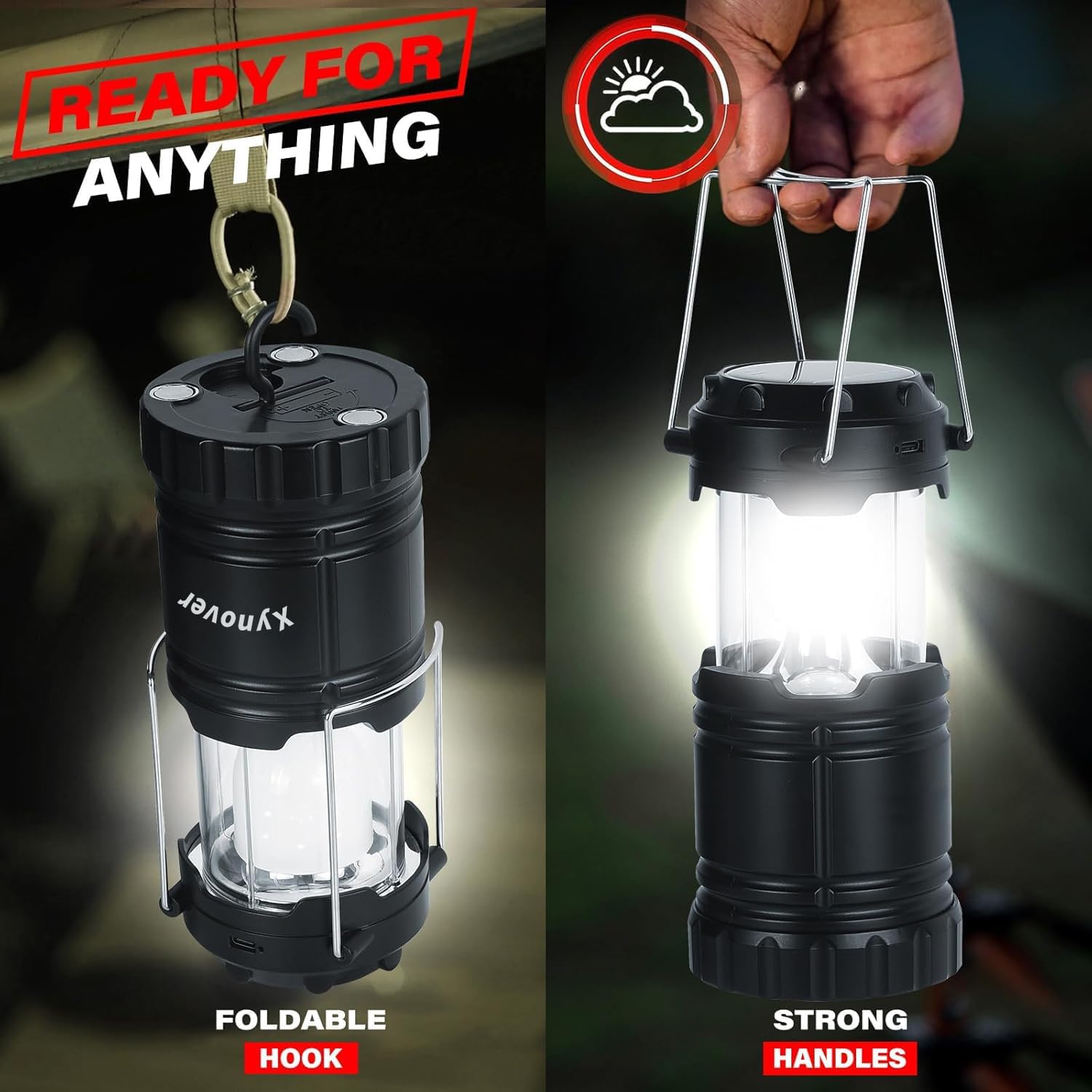 4-Pack Solar Camping Lanterns,Rechargeable LED with USB/Solar/AA Battery,Magnetic Base,Hanging Hook,Collapsible, Waterproof for Emergency, Hiking,Hurricane,Campsites,Lanterns for Power Outages - Image 4