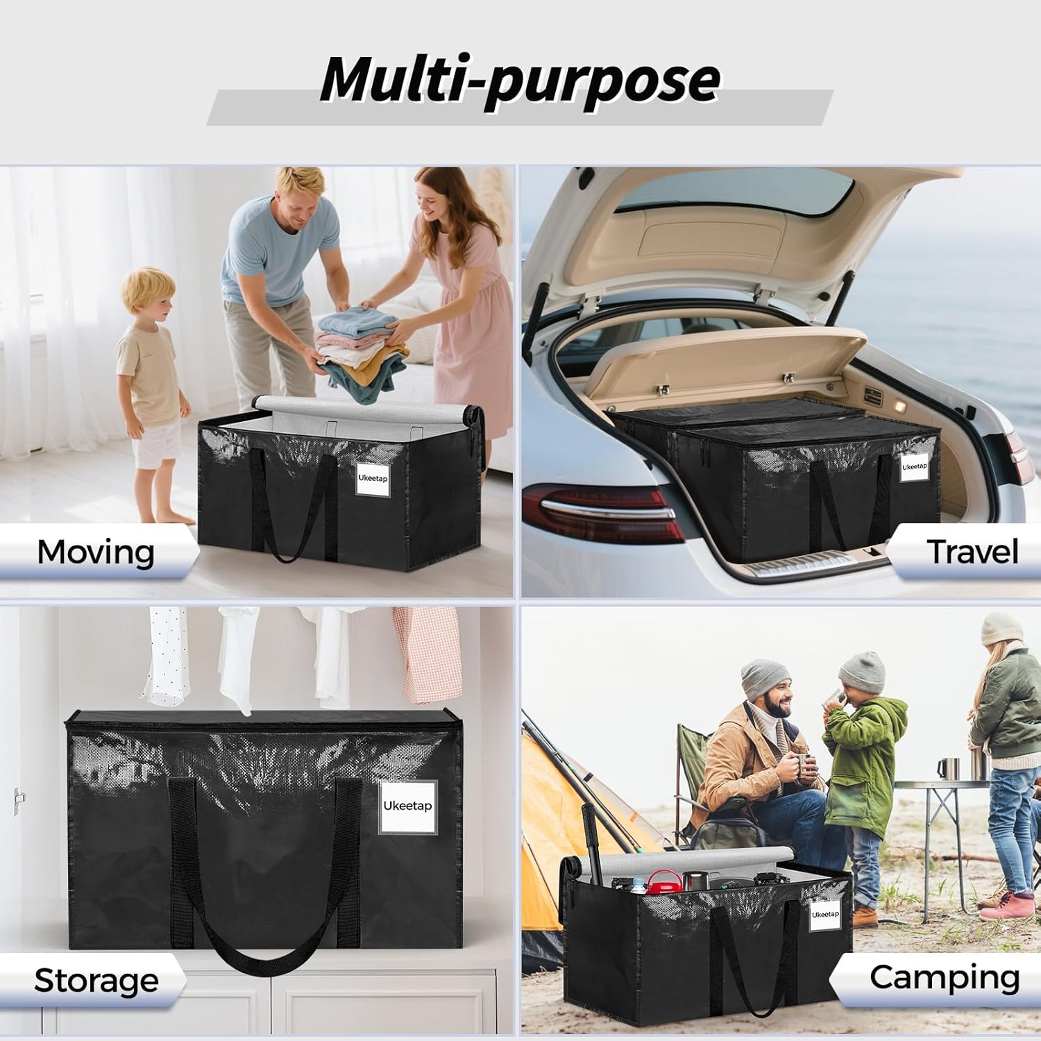 8 Pack Extra Large Heavy Duty Moving Bags, Black Storage Bins with Lids, Reinforced Handles & Heavy-Duty Zippers Moving Boxes Storage Bags Totes for Clothes Packing, Dorms, College Supplies, Black - Image 6