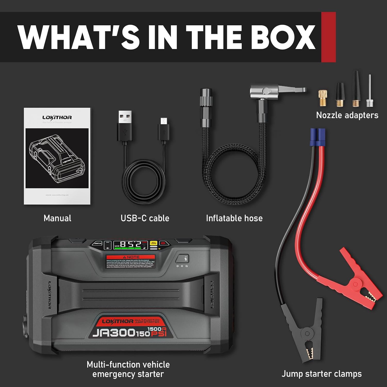 LOKITHOR JA300 Jump Starter with Air Compressor, 1500Amp 12V Portable Car Battery Booster Pack for Upto 7.0L Gas or 4.5L Diesel, 150 PSI Tire Inflator with Digital Screen, 24 Months Ultra-Long Standby - Image 9