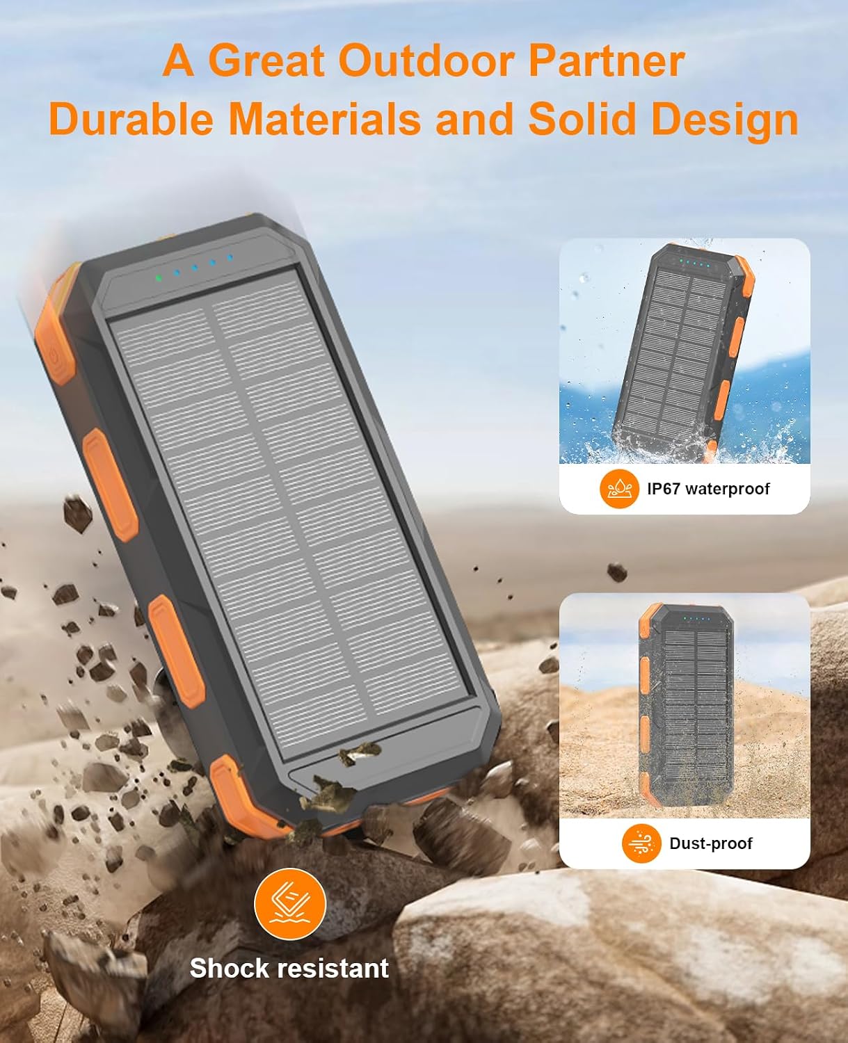 Solar Charger Power Bank 38800mAh, 22.5W USB-C Fast Charging Portable Charger with 4 Built-in Cables, External Battery Pack with Dual LED Emergency Flashlights for Camping, Hiking, Outdoor Use - Image 6