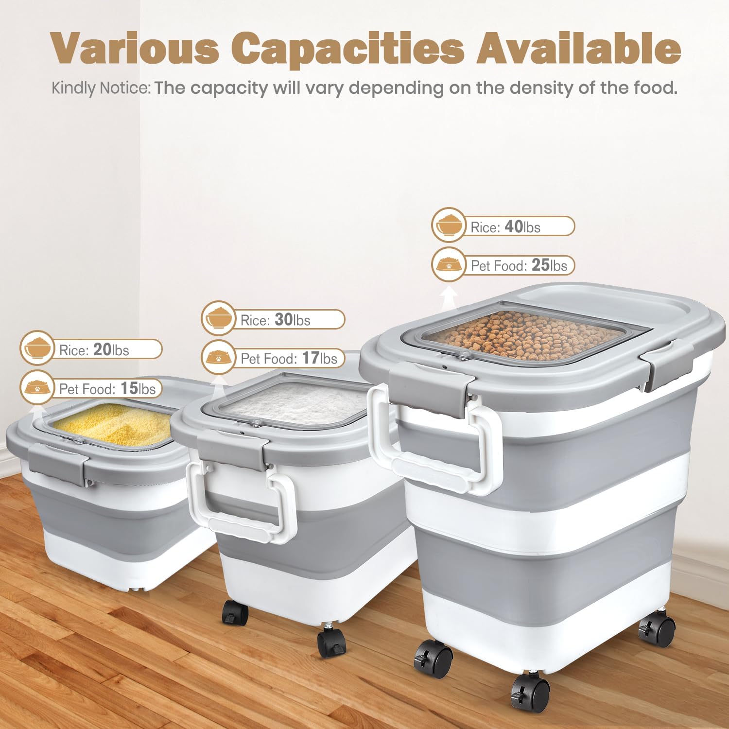 Komzon Rice Storage Container, Collapsible Airtight 10-40 Lb Rice Storage Container, 25lb Pet Dog Food Storage Container, Rice Dispenser Bin with Cup and Scoop for Flour Cereal Pasta Grain, Cat Bird - Image 2