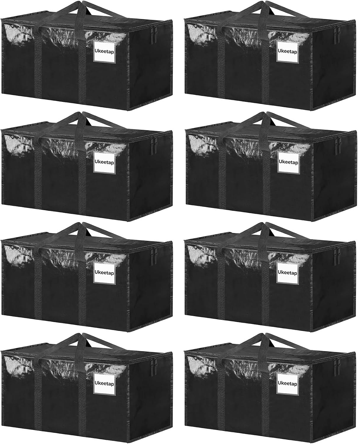 8 Pack Extra Large Heavy Duty Moving Bags, Black Storage Bins with Lids, Reinforced Handles & Heavy-Duty Zippers Moving Boxes Storage Bags Totes for Clothes Packing, Dorms, College Supplies, Black