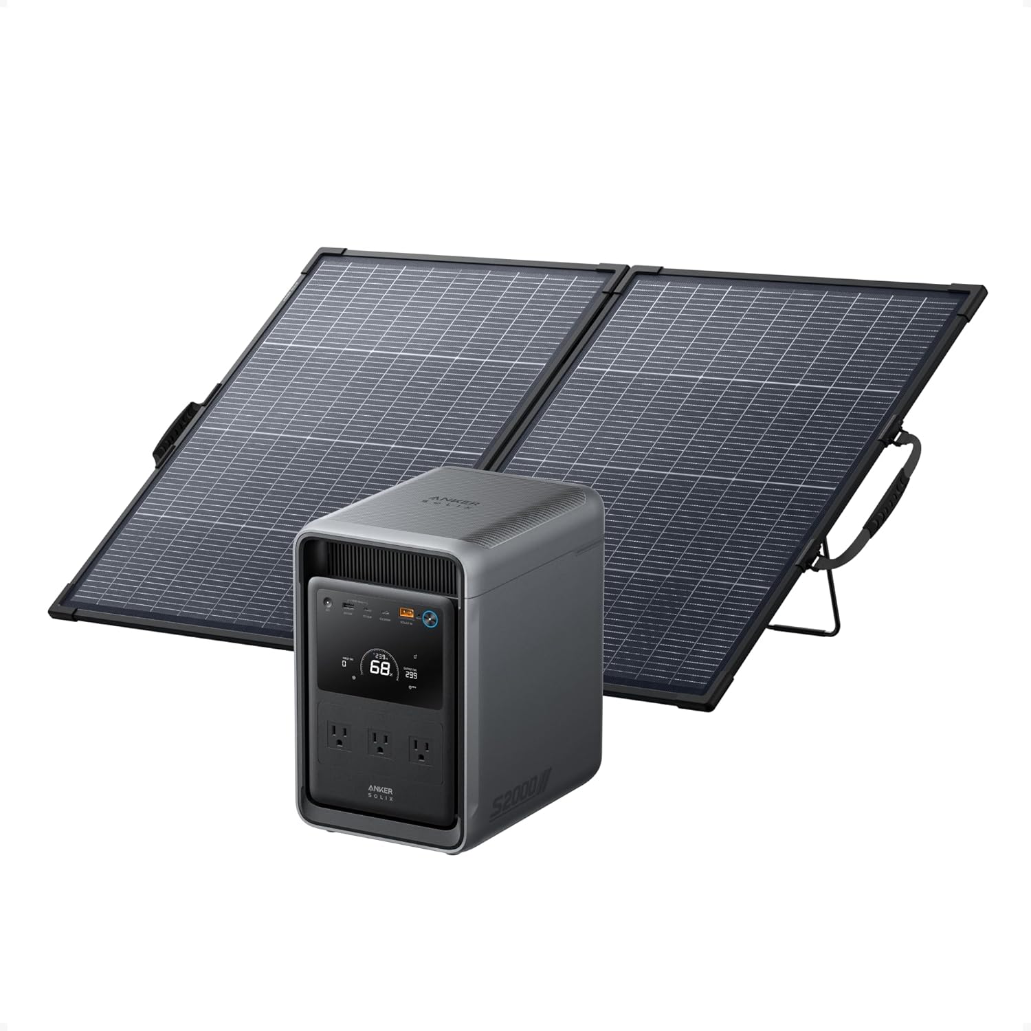 Anker SOLIX S2000 Portable Power Station with 200W Bifacial Solar Panel, 1,500W Solar Generator, Up to 35-Hour Fridge Backup, 2,010Wh LFP Battery for Home Backup, Power Outages, and Camping