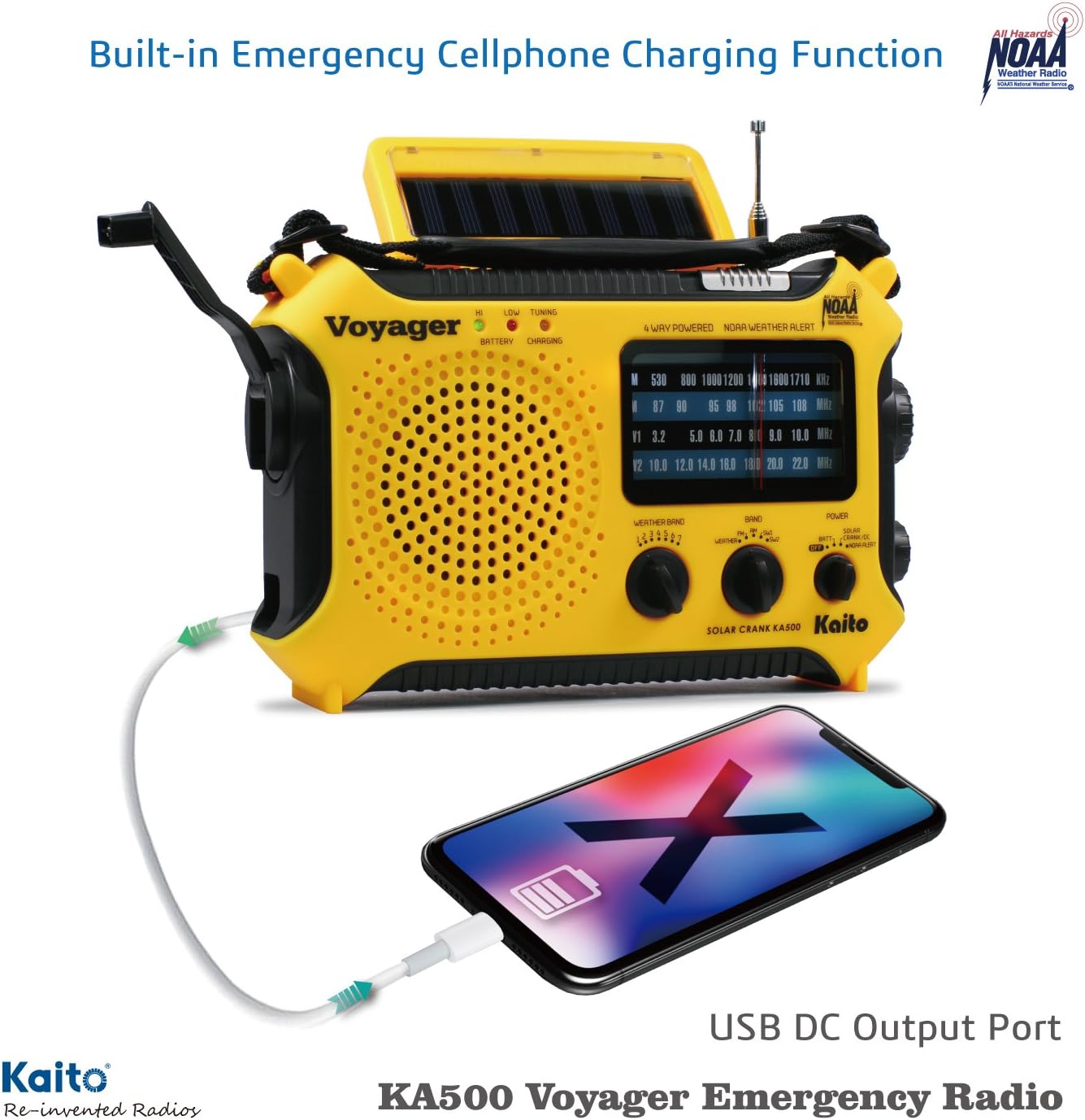 Kaito KA500 5-way Powered Solar Power,Dynamo Crank, Wind Up Emergency AM/FM/SW/NOAA Weather Alert Radio with Flashlight,Reading Lamp and Cellphone Charger, Yellow - Image 3