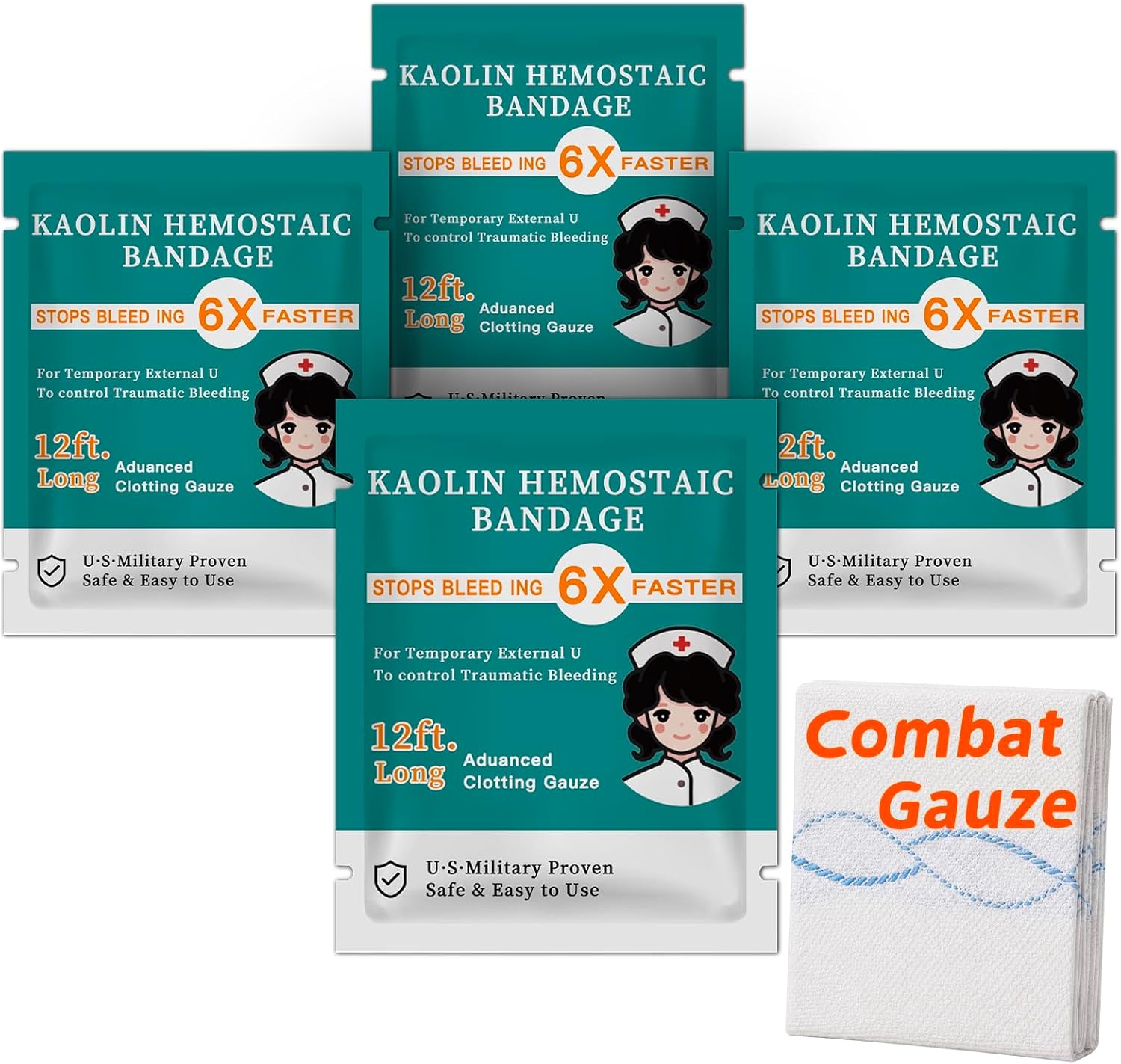 Quick Clot Gauze, First Aid Advanced Stop The Bleed Kit Combat Flexible Hemostatic Gauze-Bleed Stop Faster Wound Packing Medical,Survival Kit Supplies (3" x 12.5) (4)
