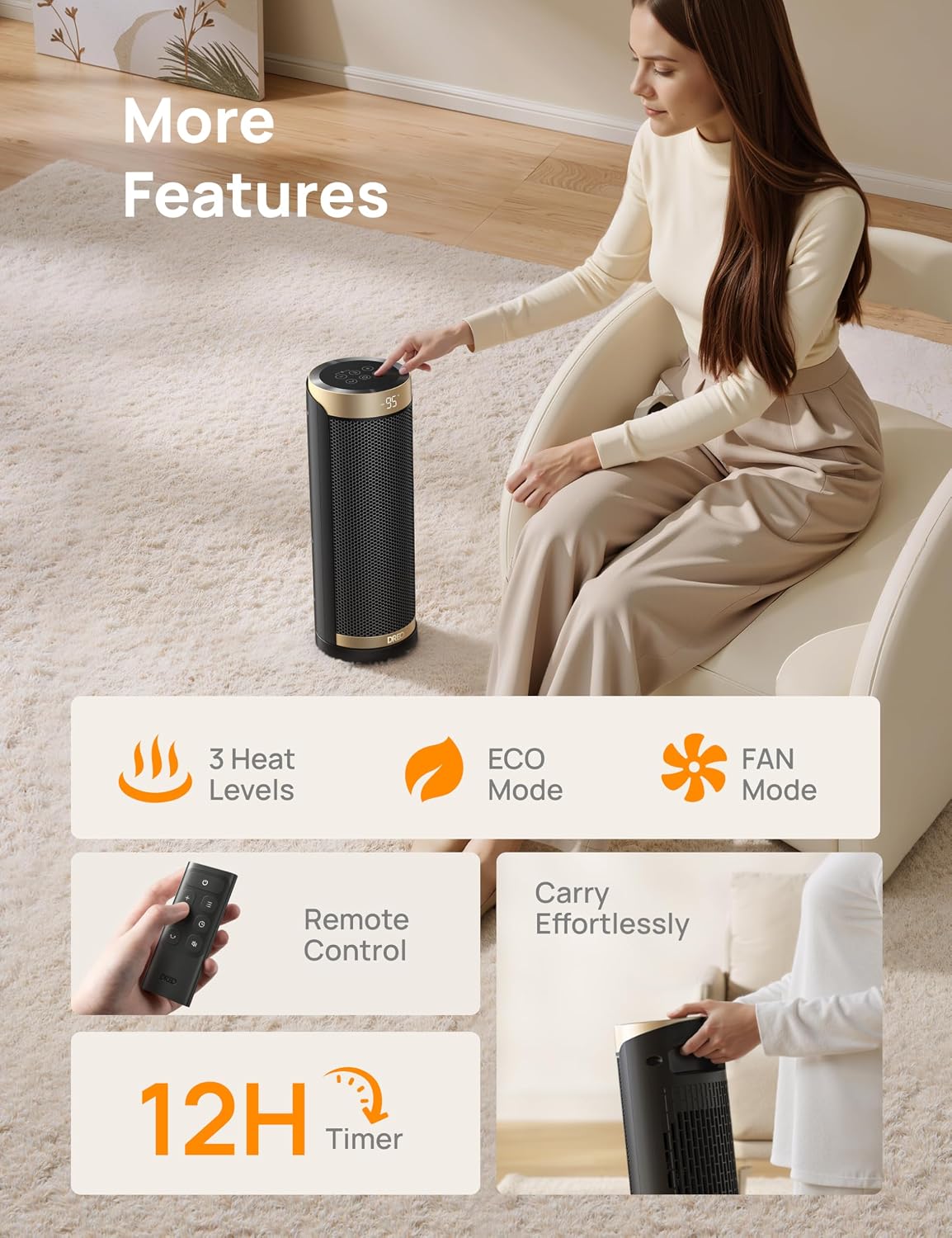 Dreo Space Heater, 1500W Electric Heaters for Indoor Use with Thermostat, 70° Oscillation, 8 Safety Protections, 5 Modes, Remote, 12H Timer, Quiet Portable Heater for Office, Bedroom, Large Room - Image 8