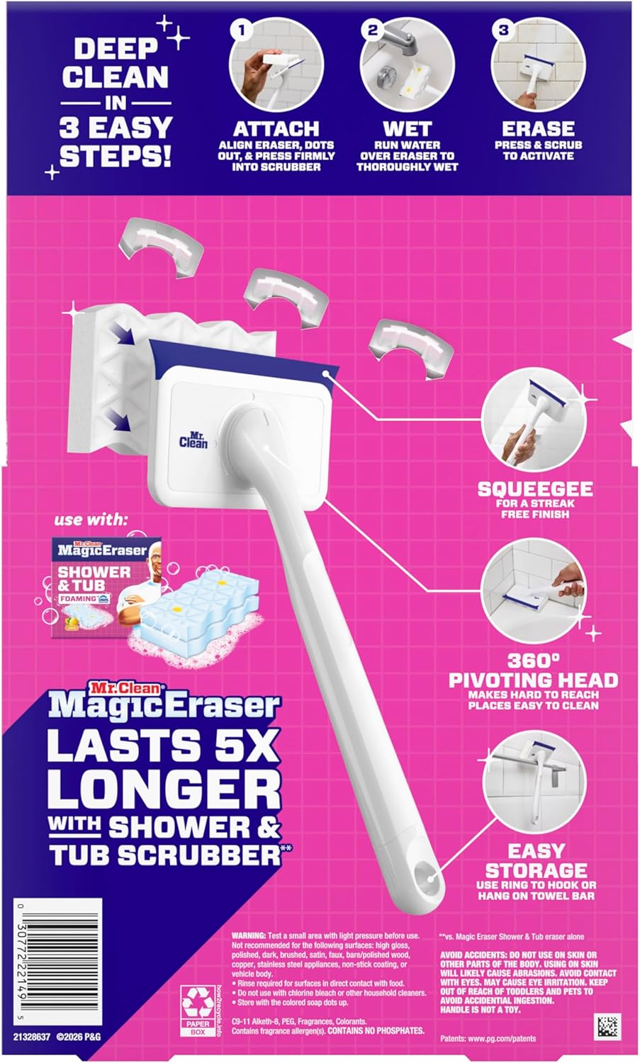 Mr. Clean Magic Eraser Shower & Tub Scrubber, Bathroom Cleaner, All in One Bathroom Cleaner, Lemon Starter Kit, 1 Scrubber & 2 Foaming Magic Erasers - Image 13