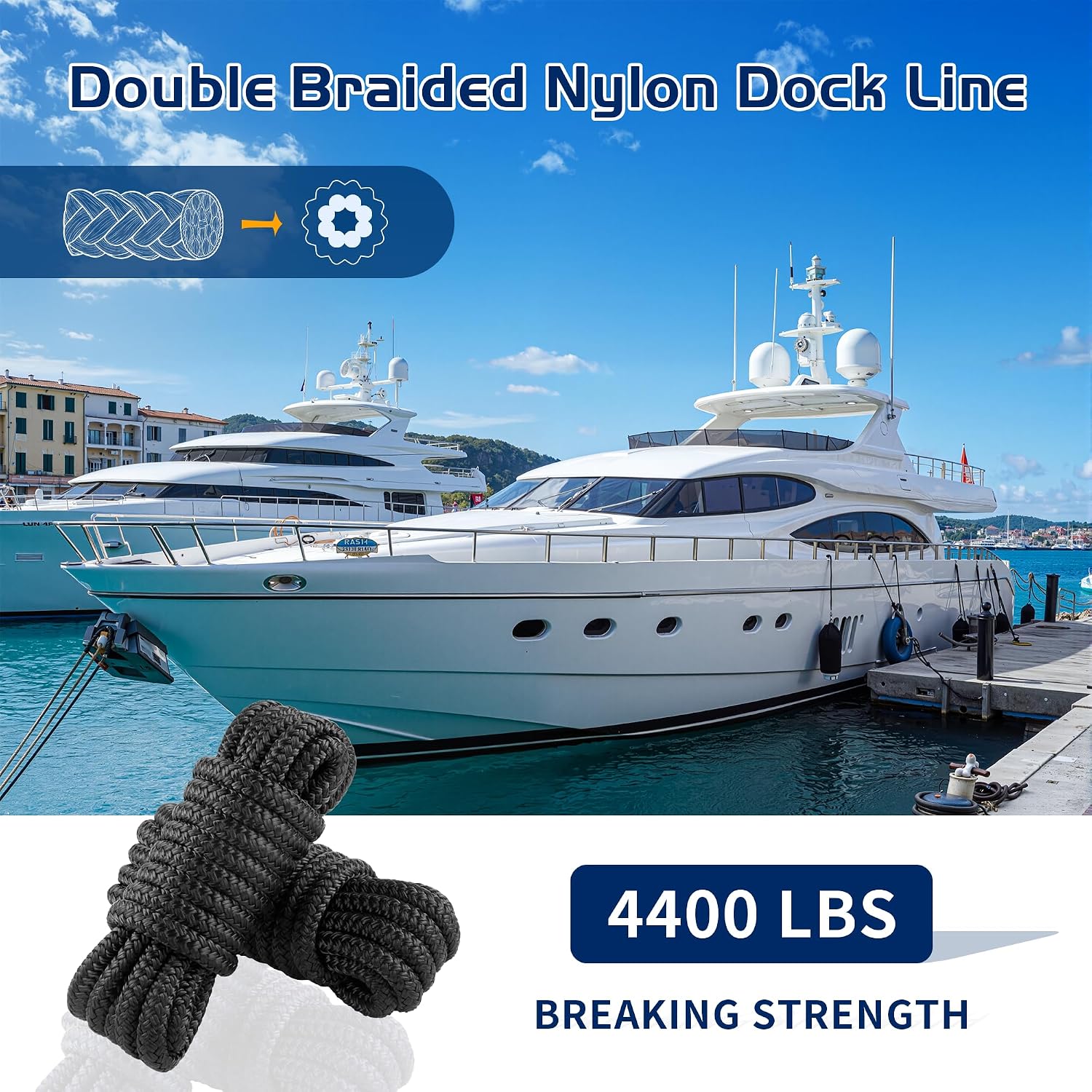 3/8" x 15' Dock Line, Marine Grade Nylon Boat Rope with 12" Loop for Mooring and Docking, Premium Double Braided Abrasion Resistant Soft Handling Boat Accessories, Black 4Pack - Image 2