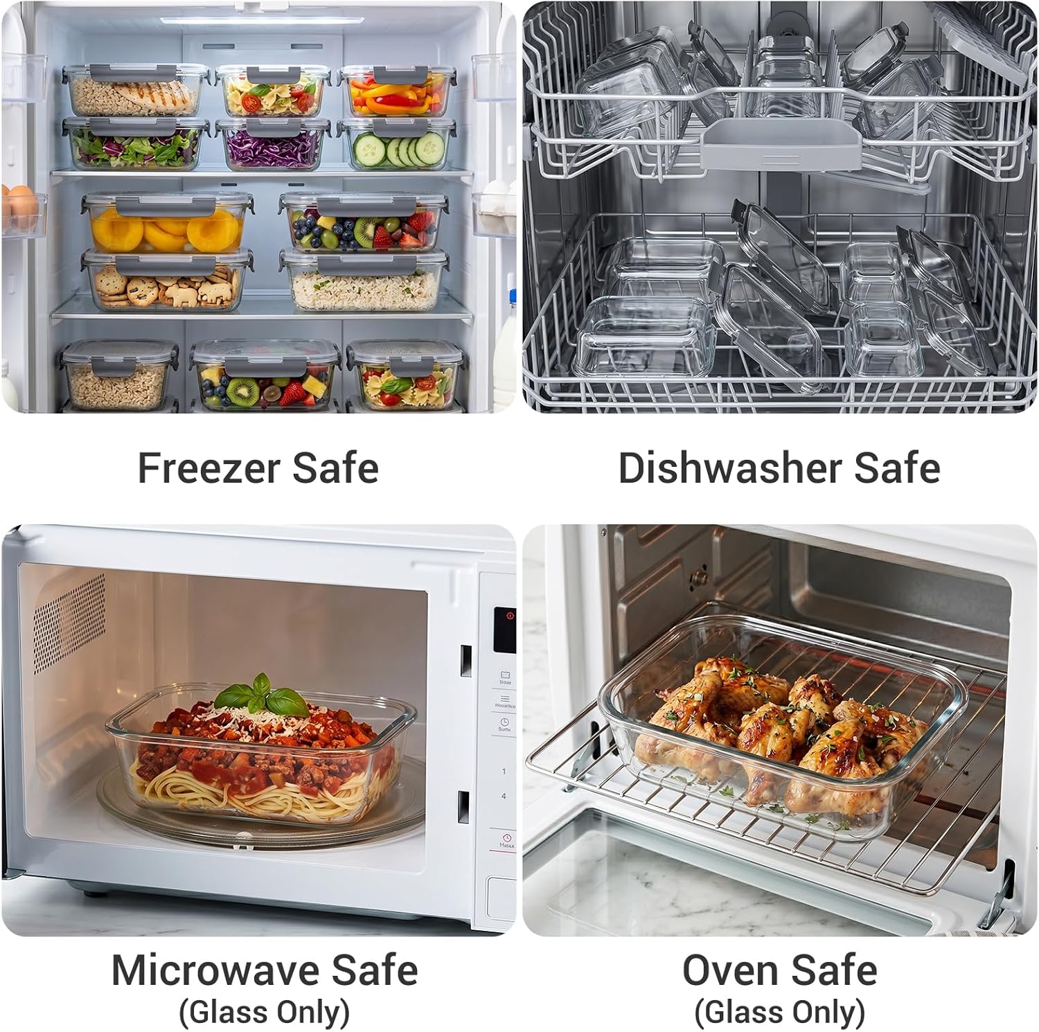 Dealusy 10 Sets (20-Piece) 36 oz & 12 oz Glass Food Storage Containers with lids, Airtight Leak-proof Glass Meal Prep Containers with Lids, Microwave Oven Freezer Dishwasher Safe, Gray - Image 5