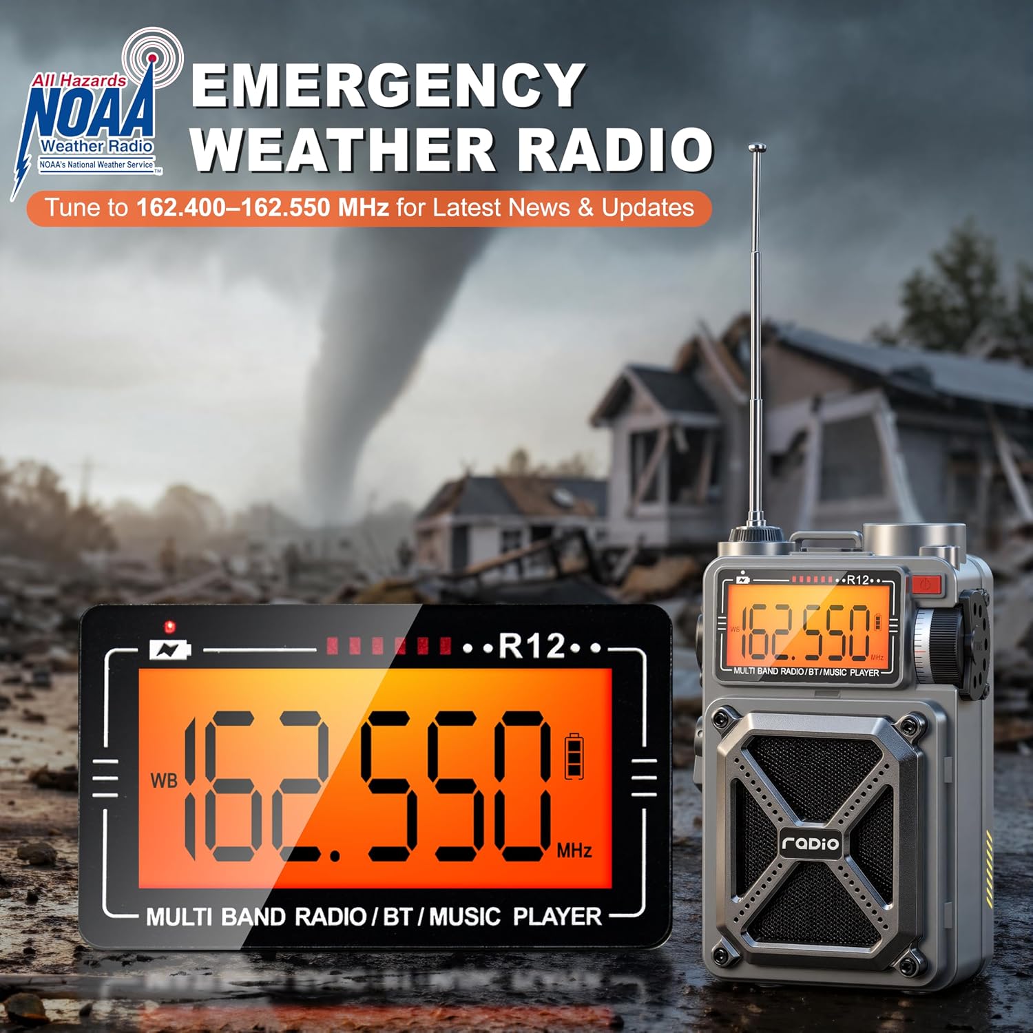 Solar Hand Crank Emergency Radio with NOAA Weather Alert, AM FM Shortwave | Digital Tuning,Bluetooth Speaker,TF Playback,Flashlight,Compass,SOS,4000mAh,Thermal Blanket,USB-C Charging,for Emergencies - Image 2