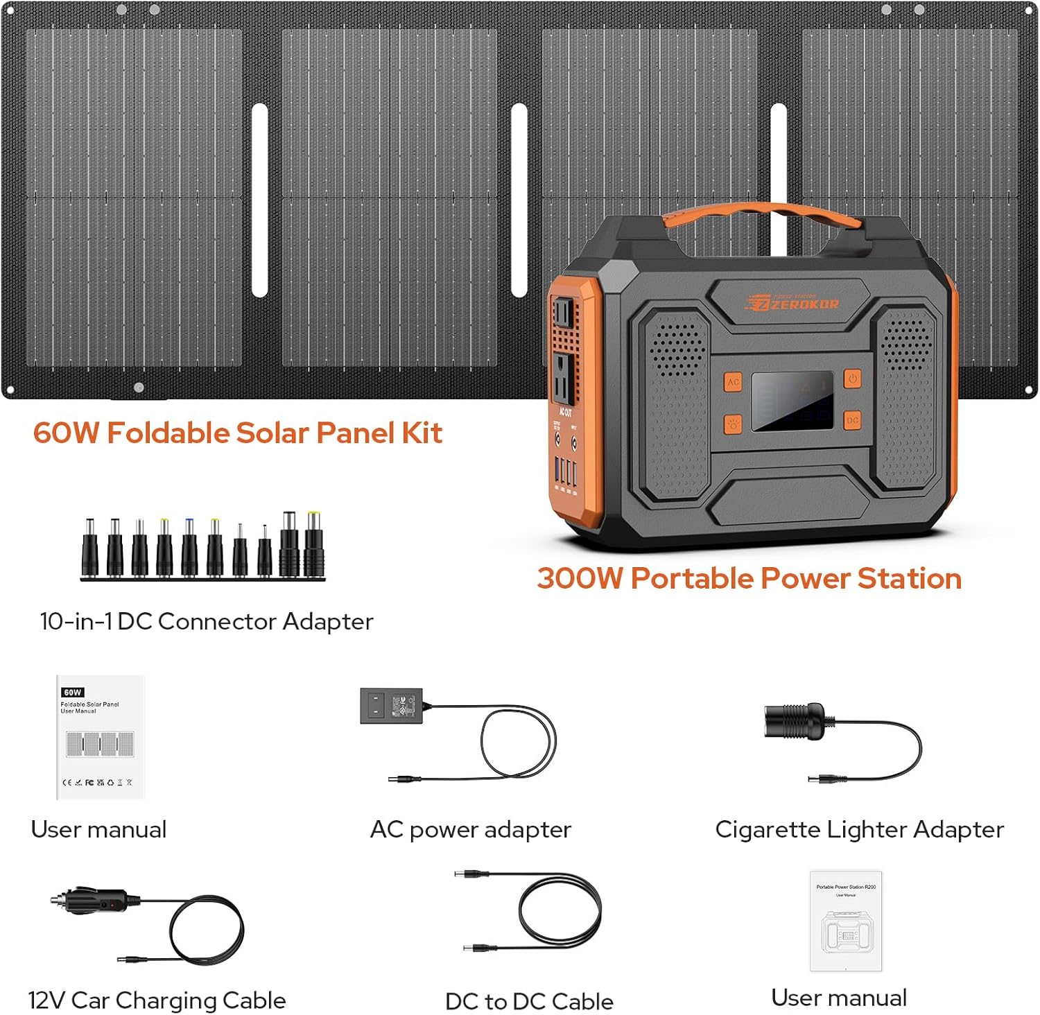 Portable Solar Generator, 300W Portable Power Station with Foldable 60W Solar Panel,110V Pure Sine Wave 280Wh Battery Power Pack with USB DC AC Outlet for Camping Smart Devices RV Van Outdoor-Orange - Image 9