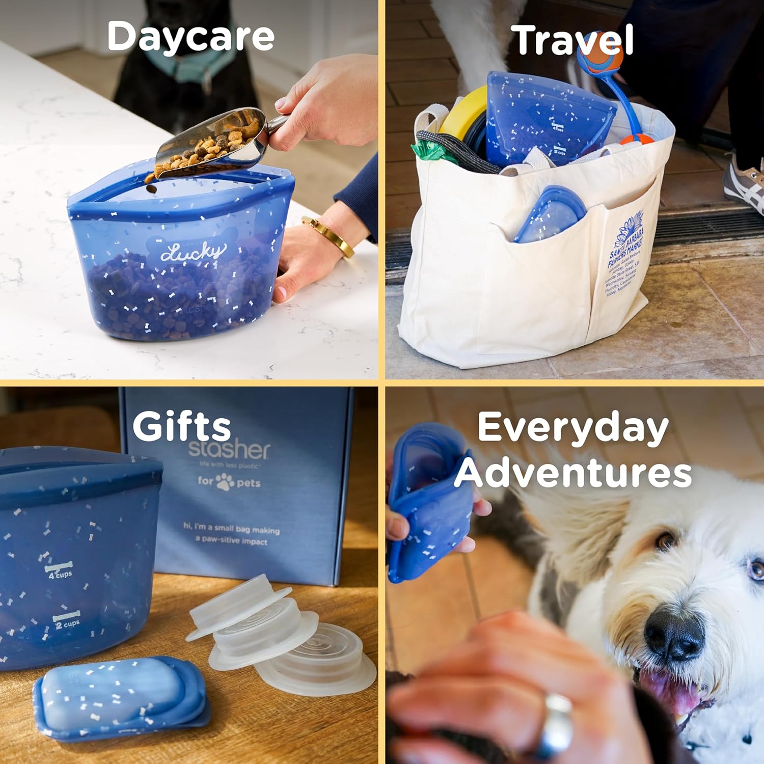 Stasher Pet Reusable Food Storage Puppy Essentials Kit, 4-Cup Dog Travel Bag, Treat Bags & Dog Food Can Lids, Airtight Seal, Food Grade Silicone, Freezer & Dishwasher Safe, Dog Gift - Image 2