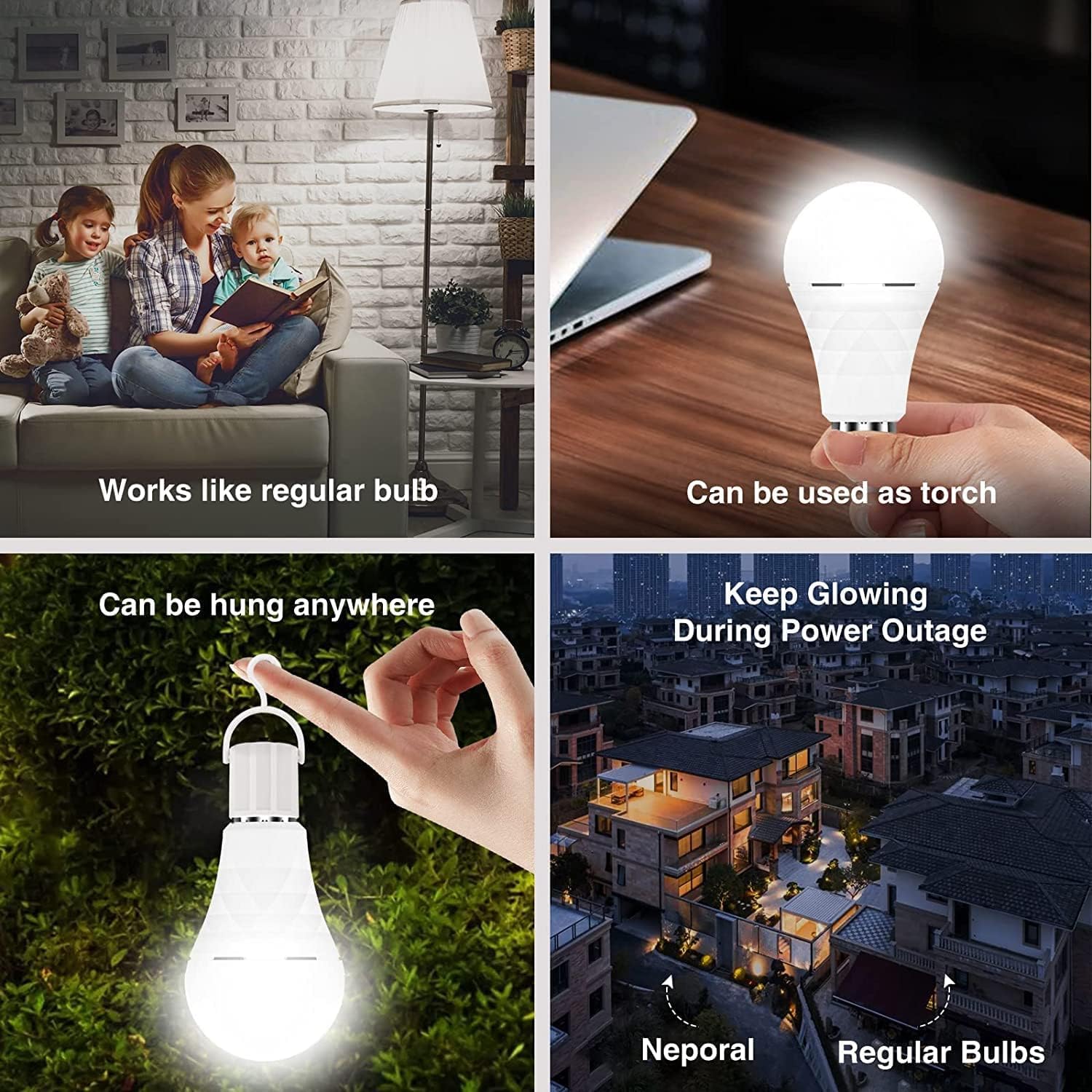 Neporal A19 Rechargeable Light Bulbs Emergency Light Bulb for Power Outages, Led Bulb 60 Watt Equiv., Self-Charging Light Bulb 1200mAh Battery Backup Light Bulbs for Daily, Emergency Use (Daylight) - Image 5