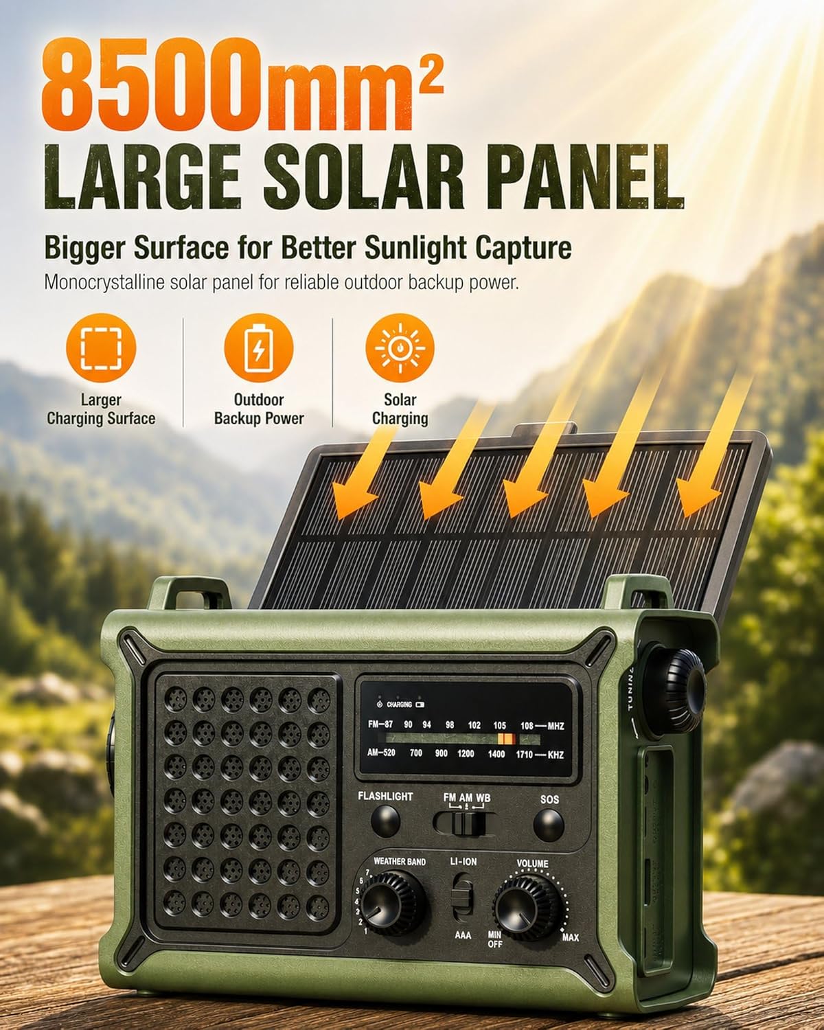 Emergency Weather Radio for Power Outages & Hurricanes, 12000mAh Hand Crank Solar Radio with 8500mm² Solar Panel, NOAA AM/FM Alerts, 5W Flashlight & SOS, Army Green for Camping, RV, Hiking & Survival - Image 4