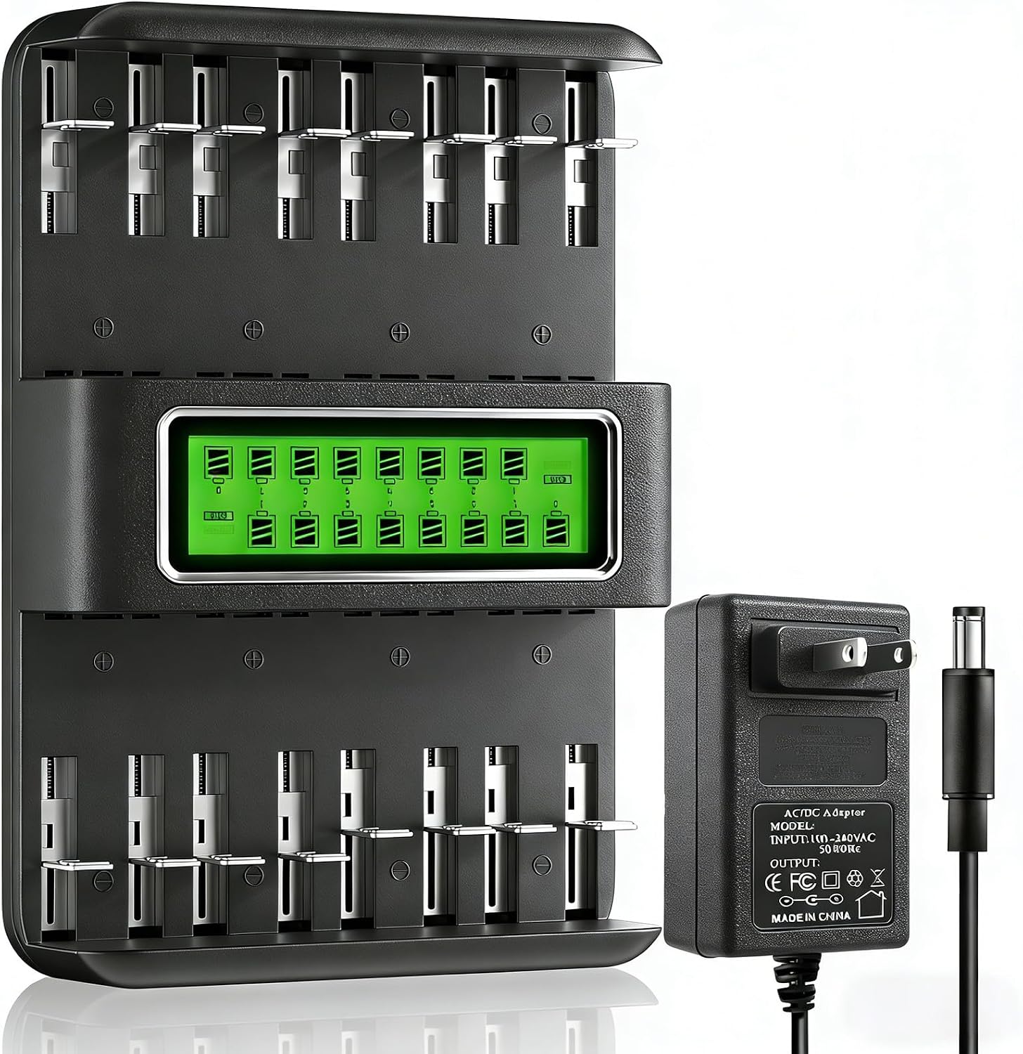 AA AAA Battery Charger 16 Bay for 1.2V AA AAA C D Ni-MH Ni-CD Rechargeable Batteries,LCD Screen Universal Rechargeable Charger for All Common Rechargeable Batteries in House (AC Wall Adapter Supply)