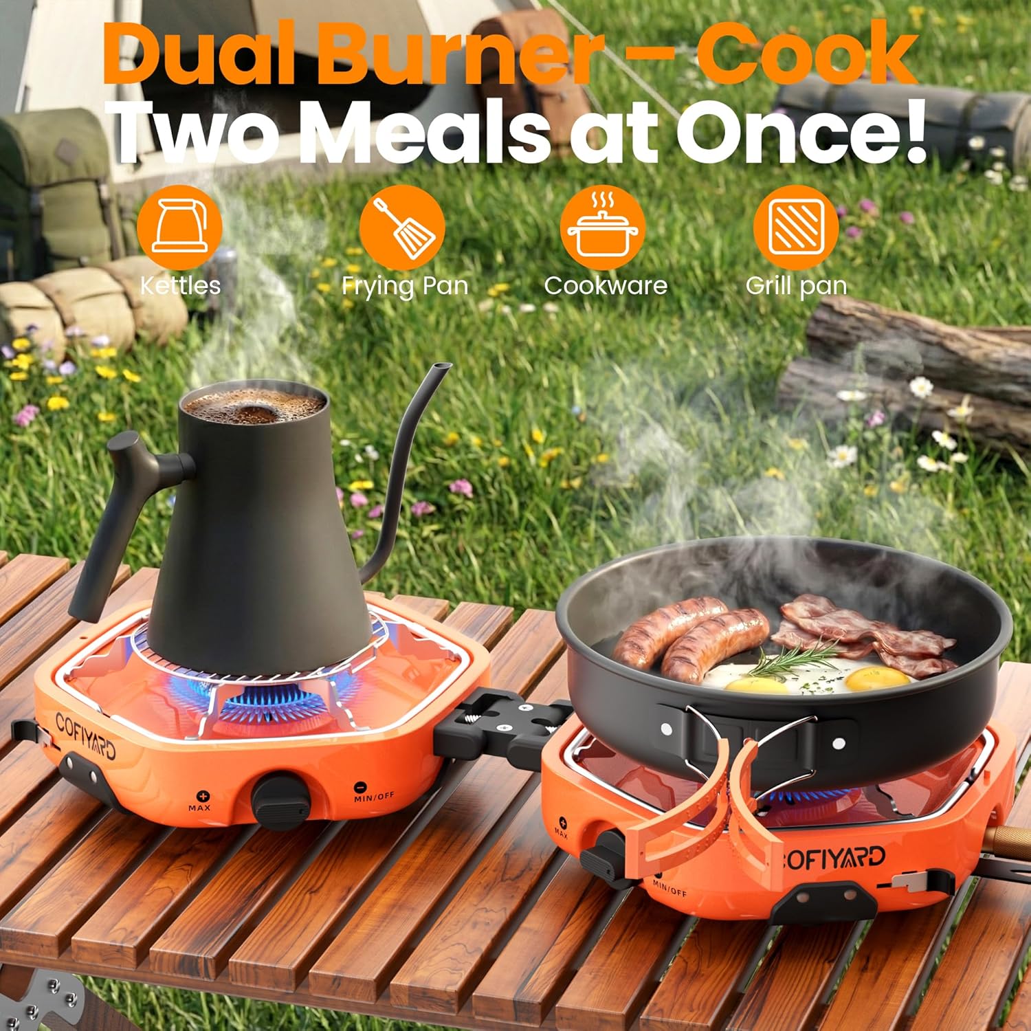 Cofiyard Propane 2 Burner Camping Stove with Carrying Bag, Portable Folding Gas Stove for Camping, Backpacking Camp Stove for Outdoor Cooking with 17,000 BTU Adjustable Burners for BBQ, Tailgating - Image 2