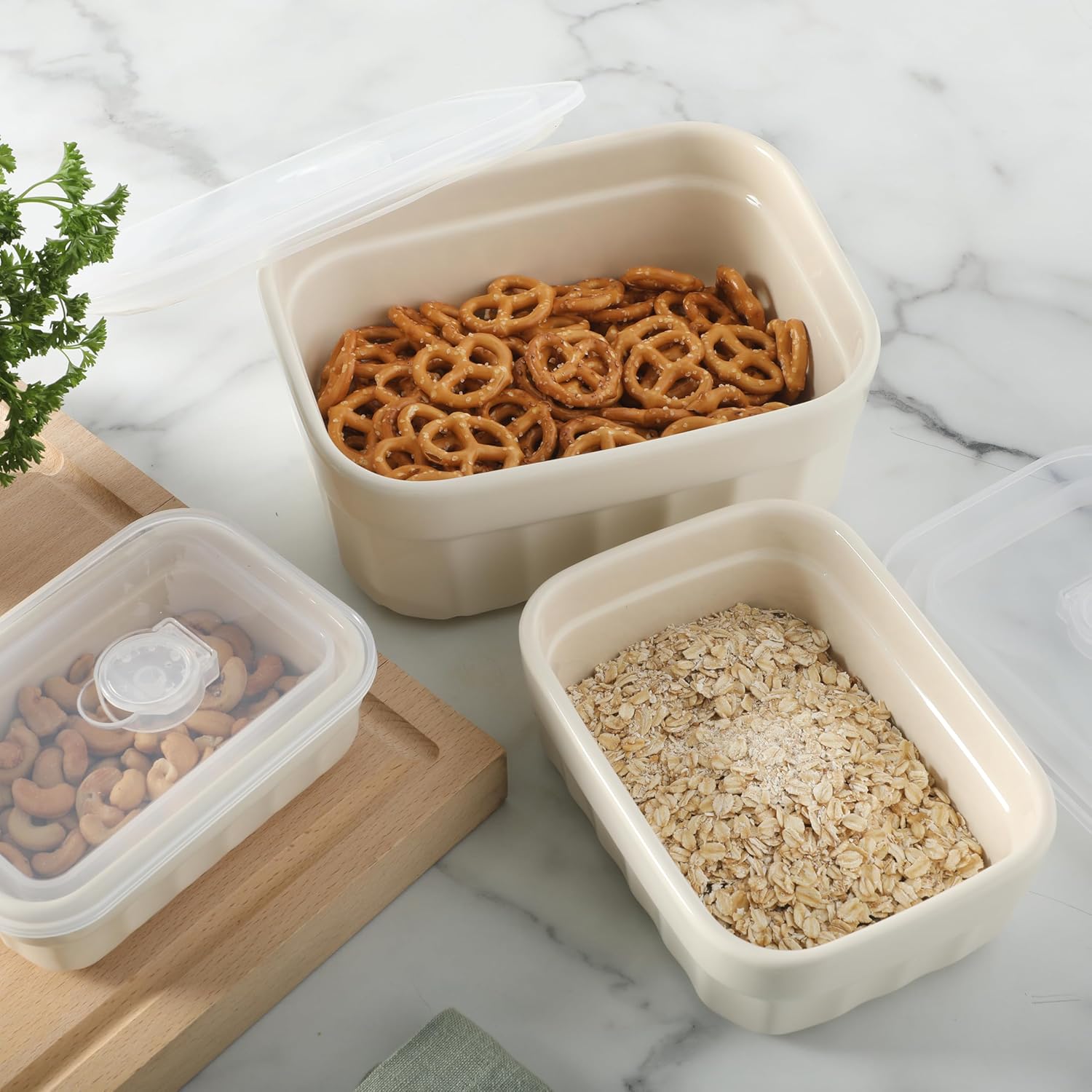 Martha Stewart Broadbrook 6 Piece Stoneware Meal Prep Container Set with Lids, Rectangular Food Storage & Bakewar |Oven, Refridgerator, Microwave, Dishwasher Safe - Image 5